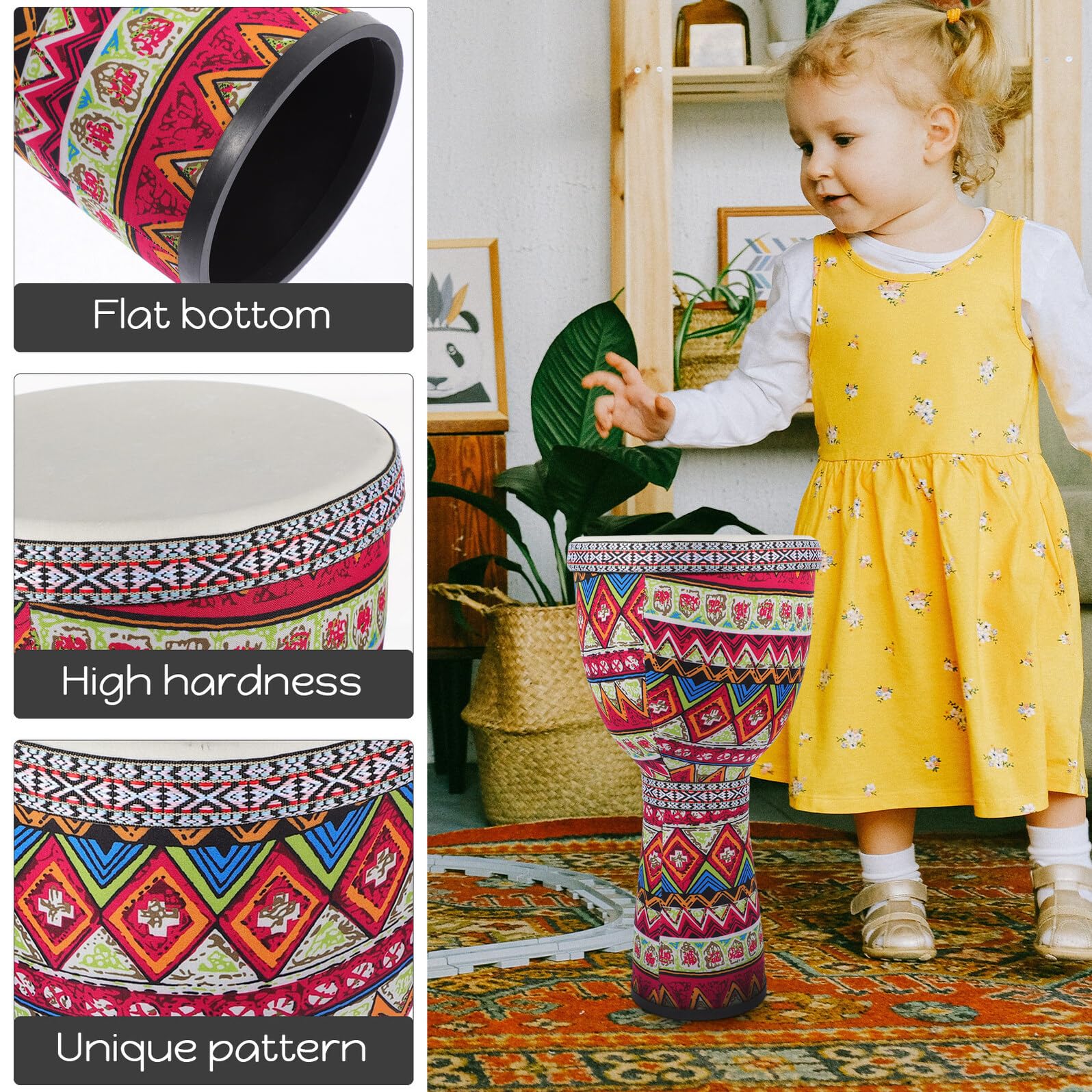 Toyvian Tamburo Djembe in Abs Leggero Fondo Piatto Strumento a Percussione Portatile e Design Tradizionale Dipinto a Mano e Gioco Educativo per Bambini per Principianti