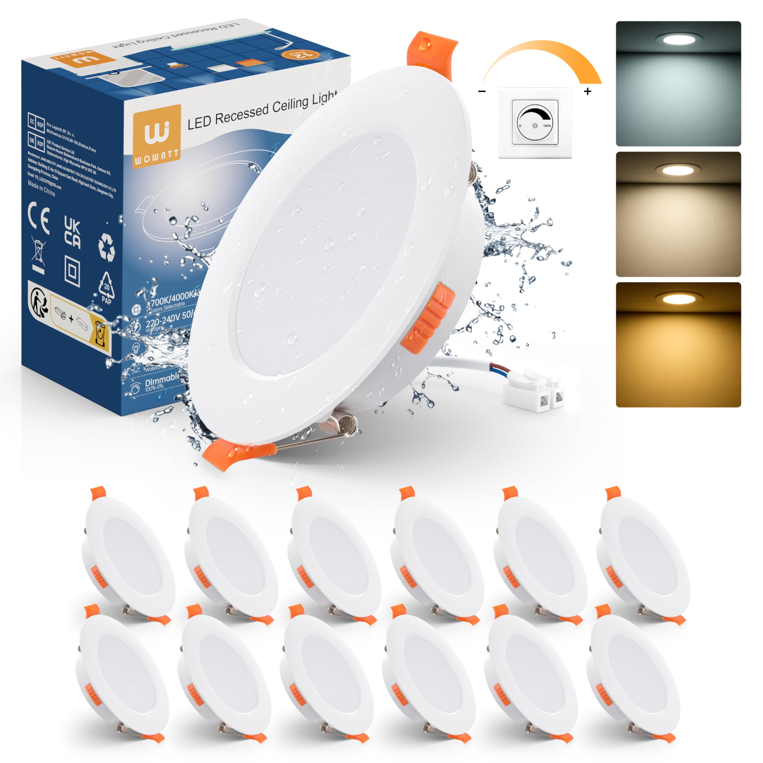 wowatt 12er LED Einbaustrahler 230V Dimmbar, 7W Spots LED Warmweiß 2700K Neutralweiß 4000K Kaltweiß 6000K, IP44 Einbauleuchten Ultra Flach 600LM, Einbauspots Rund 75-90mm Weiß Für Badezimmer Küche