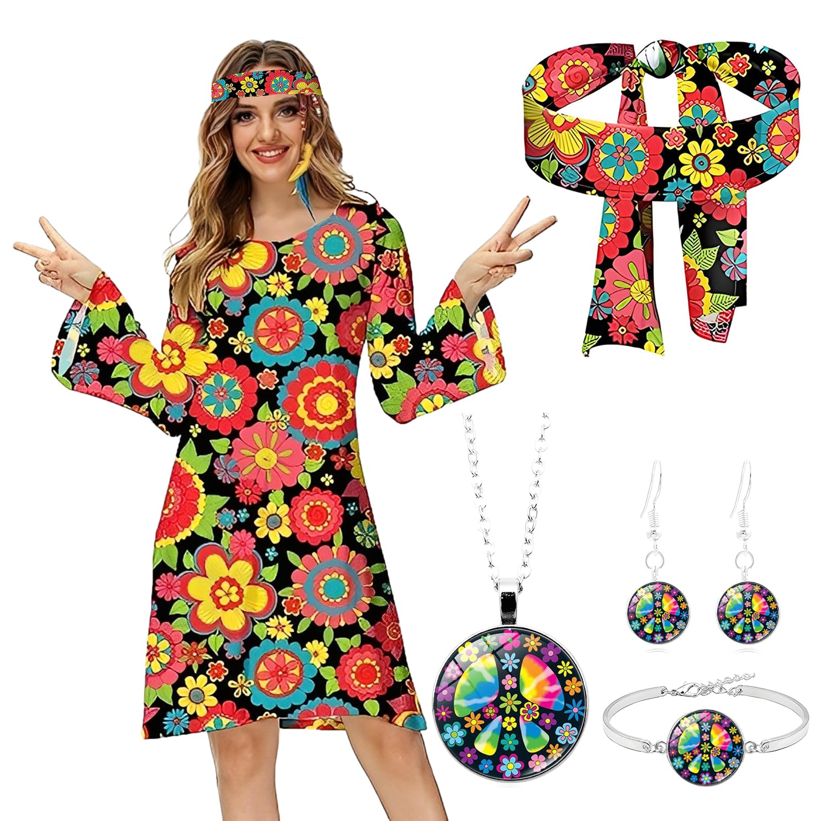 Disfraz de hippie para mujer, disfraz de carnaval para mujer de los años 70, accesorio de mujer con gafas vintage, diadema, vestido de lentejuelas para fiesta hippie