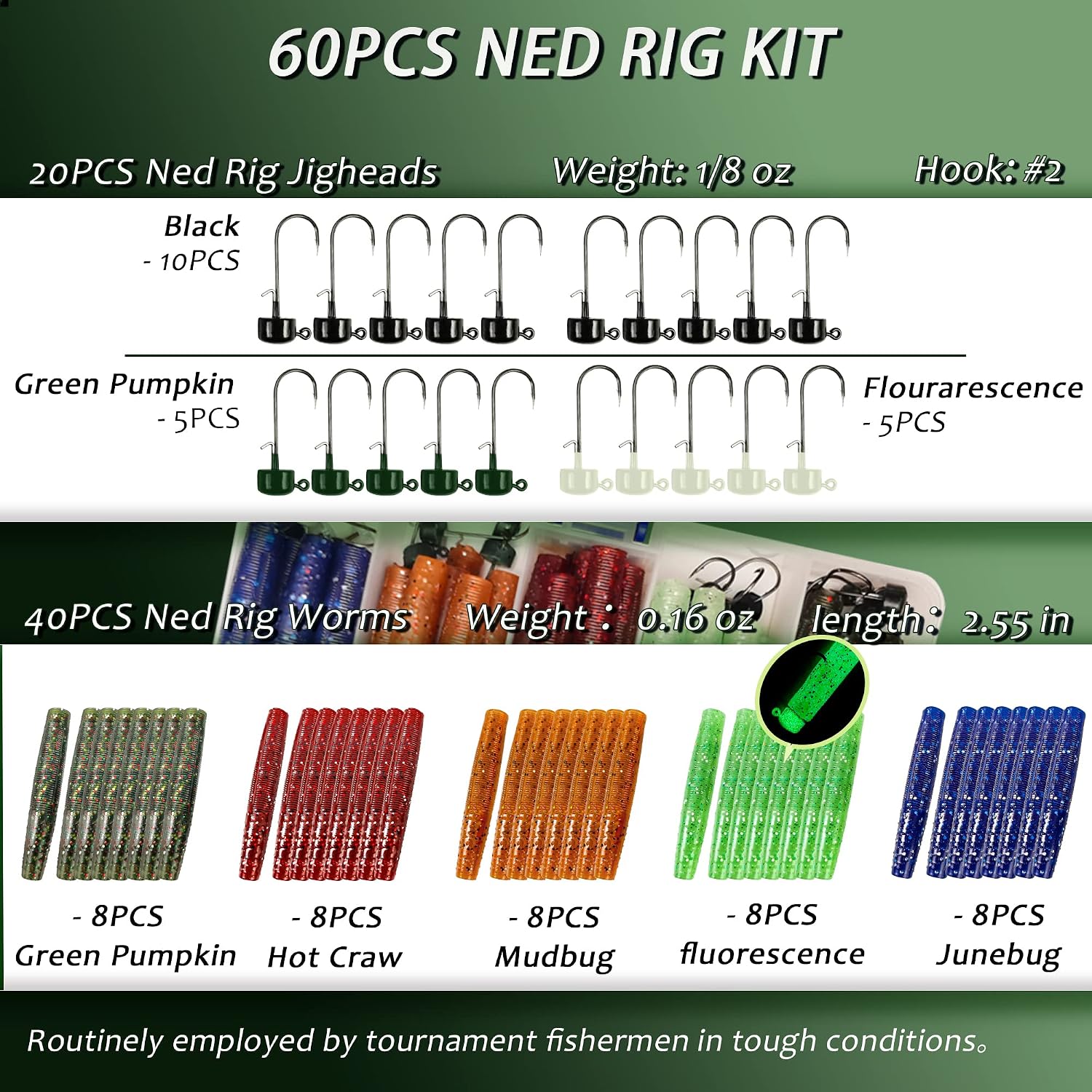 Luminous Ned Rig Jig Heads Worms Kit, VMSIXVM 30/40/60 Pcs Ned Rig Baits Hooks, Weedless Jigheads for Bass Fishing, Glow Soft Stickbaits, Mushroom Crappie Jig, Fishing Gift for Men