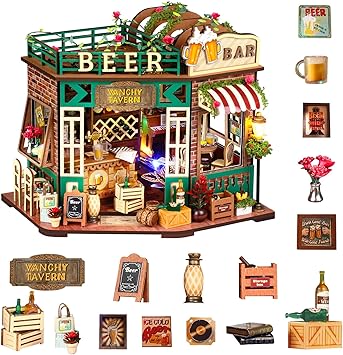 Book Nook DIY Miniature House Kit- 3D Wooden Puzzle Mini Beer Shop Tiny House Kit for Adults Tiny Home Kit with Furniture for Book Shelf Decor