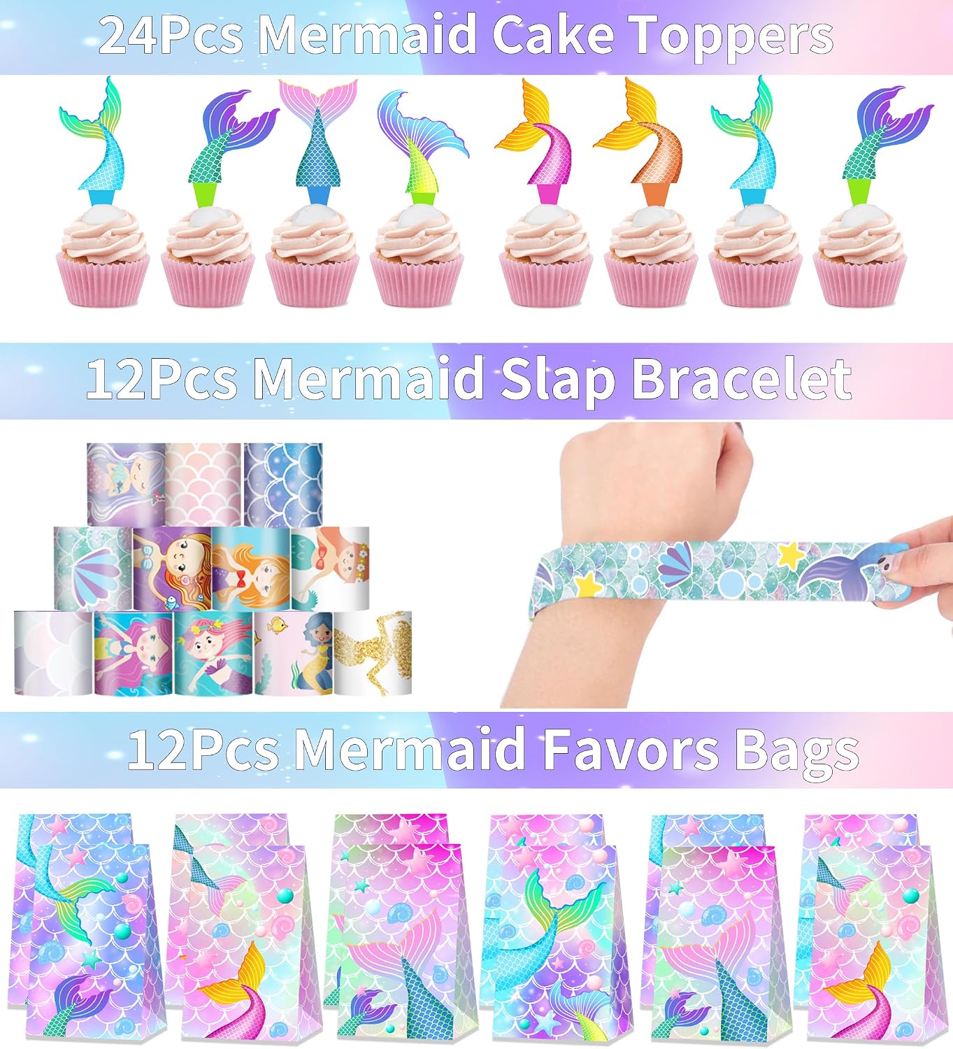320PCS Mermaid Party Favors Birthday Decorations Supplies Kit with Goodie Bags, Bubble Wands, Straws, Masks, Stickers & More for 12 Guests