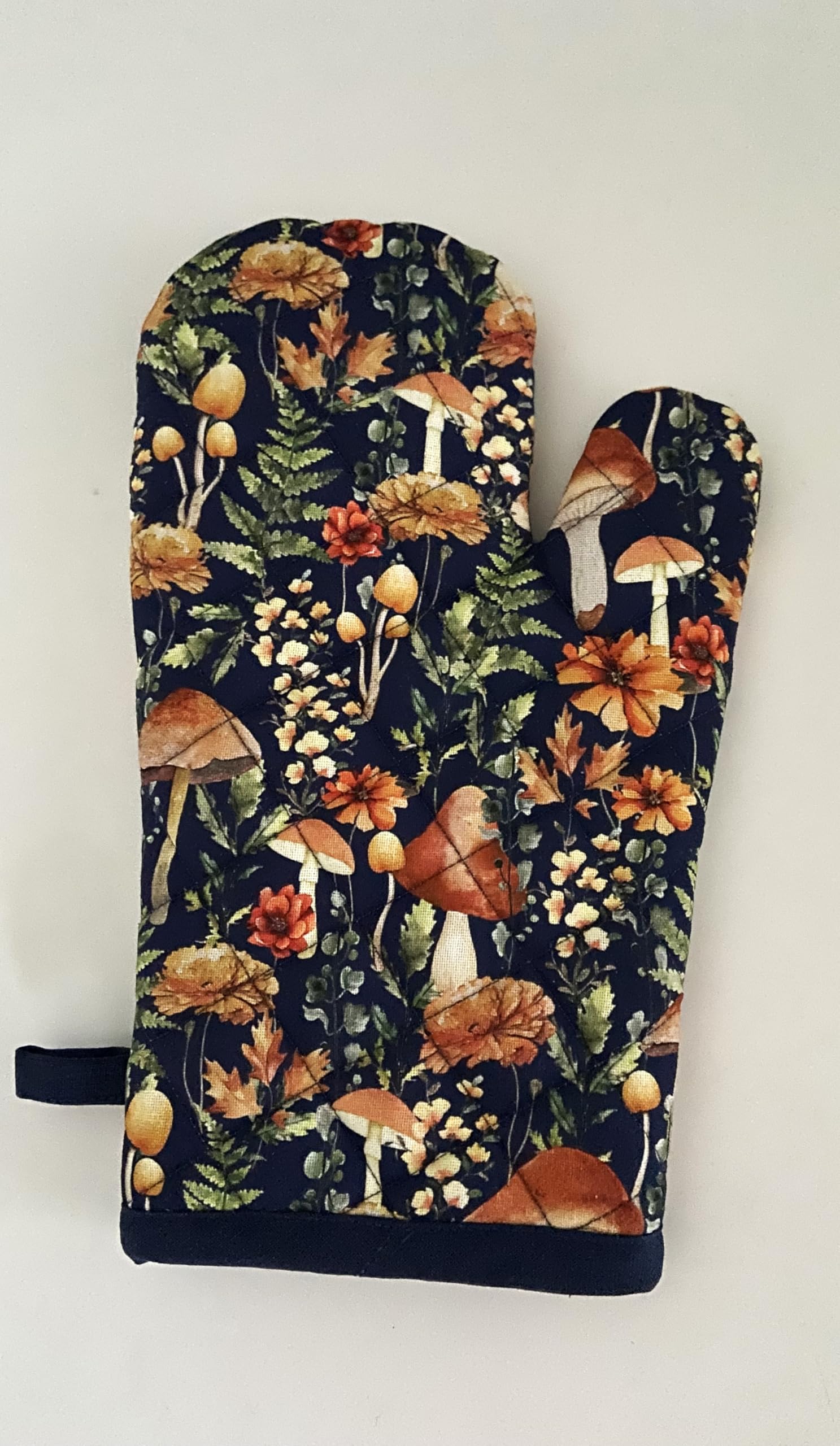 Mushroom Toadstool Design Quilted Single Oven Glove Mit 100% Cotton in Navy Blue 18cm x 30cm
