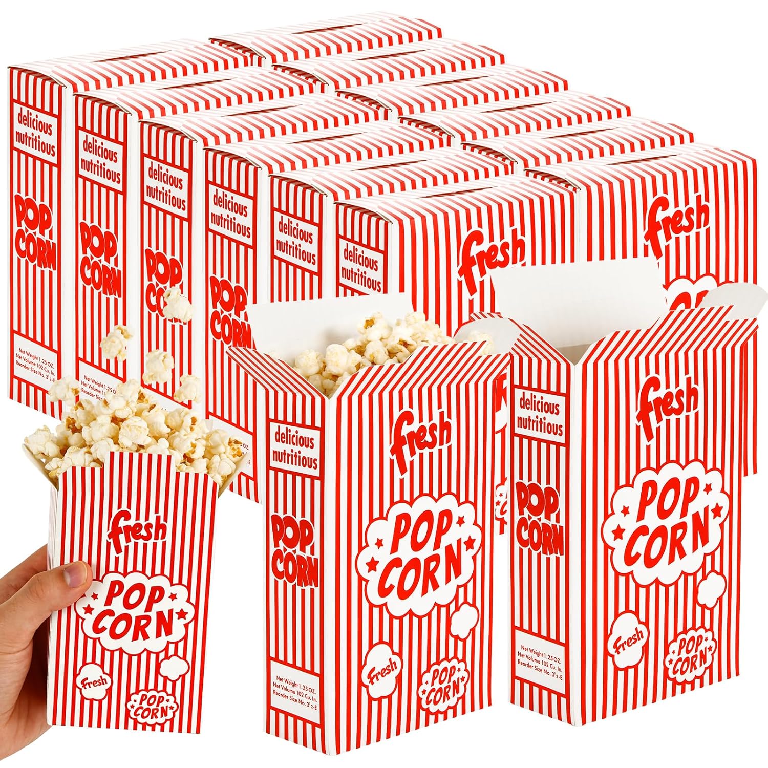 200 Pack Popcorn Boxes,1.25 oz Paper Popcorn Containers, Red and White Striped Close-Top Cardboard Pop Corners Bags, Individual Servings for Carnival Party, Movie Nights, Cinema, Christmas