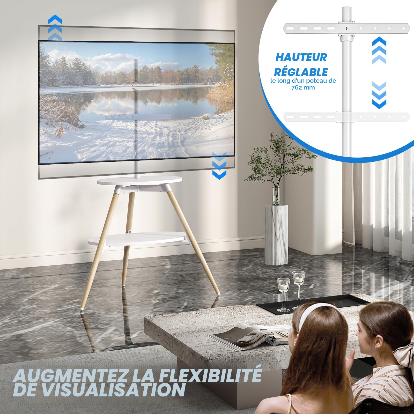 5Rcom Support TV sur trépied avec 2 étagères, pivotant et réglable en hauteur, support TV au sol en bois pour écran LED LCD OLED de 32 à 65 pouces, VESA max 400x400mm, charge max 40kg, blanc