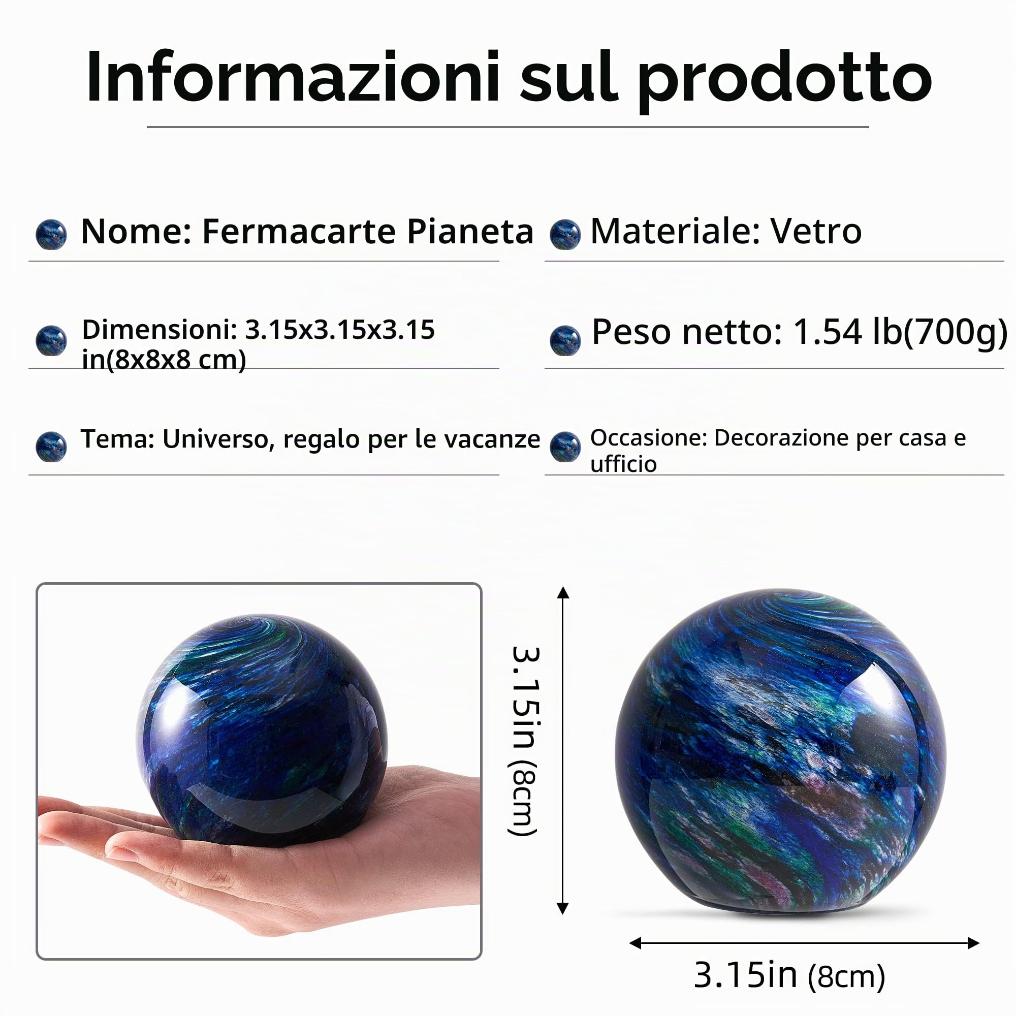 EUSTUMA Figurine di vetro soffiato a mano Pianeta palla, Palla di vetrofermacarte, decorazione per la casa da collezione, museo dello spazio, amanti dello spazio esterno