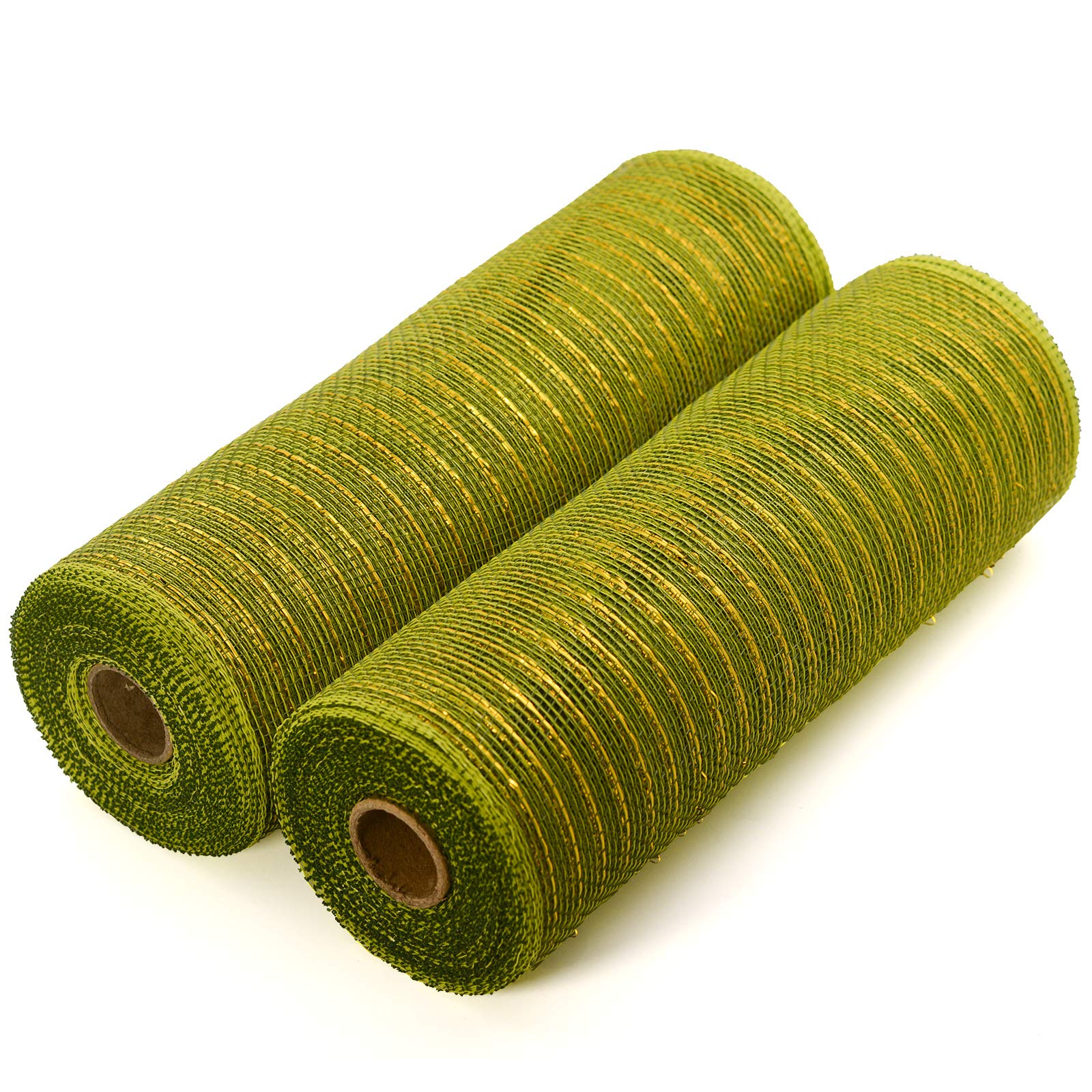 Koopi Moss Green Deco Mesh 10 inch x 10 Yards Each Roll, Set of 2 Poly Mesh with Metallic Foil Mesh Ribbons for Wreaths, Swags, Craft, Party and Decorating Supplies