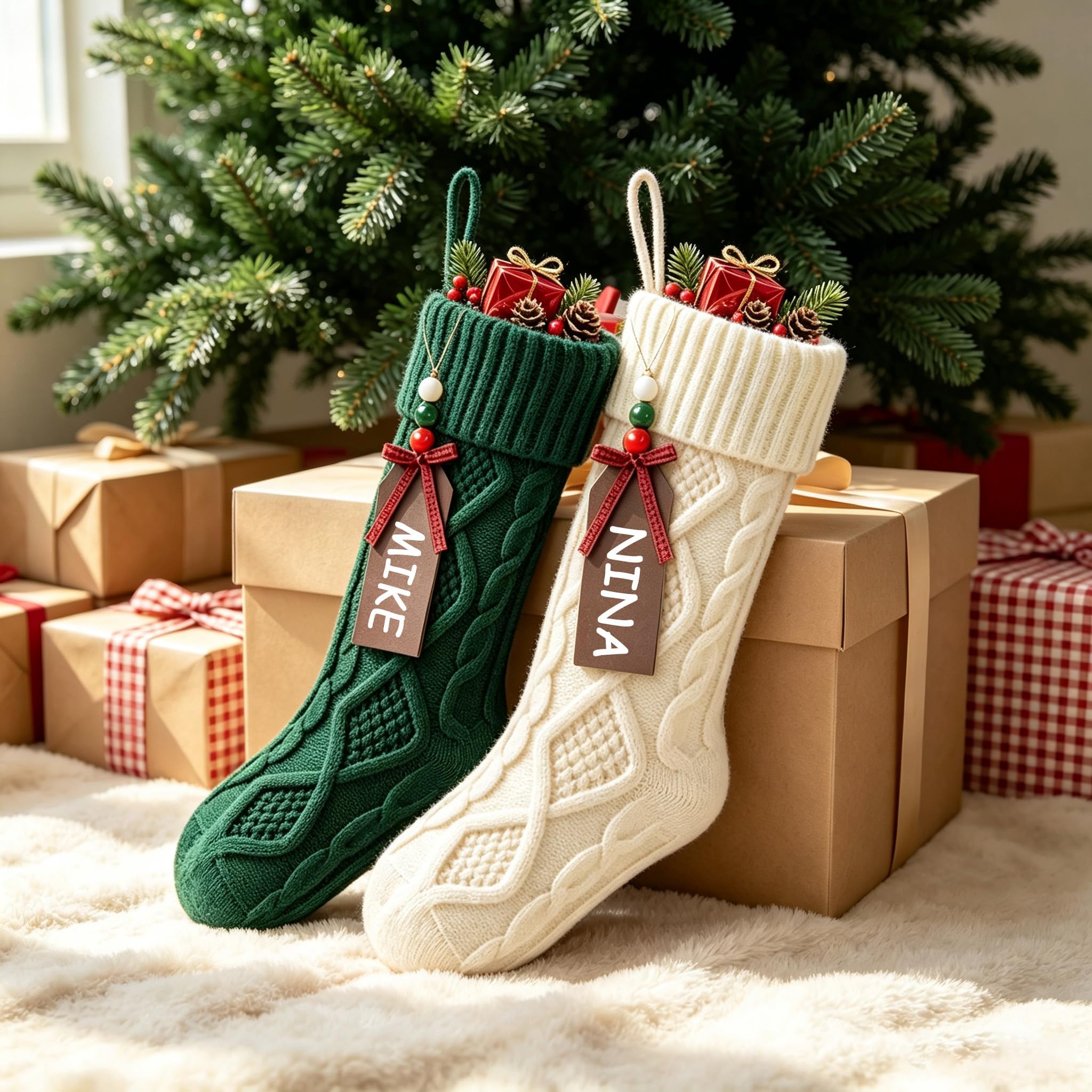 Lot de 6 chaussettes de Noël en tricot torsadé avec étiquettes | Lot de 6 grandes chaussettes de Noël en tricot avec étiquettes en bois personnalisées – Design en tricot torsadé pour