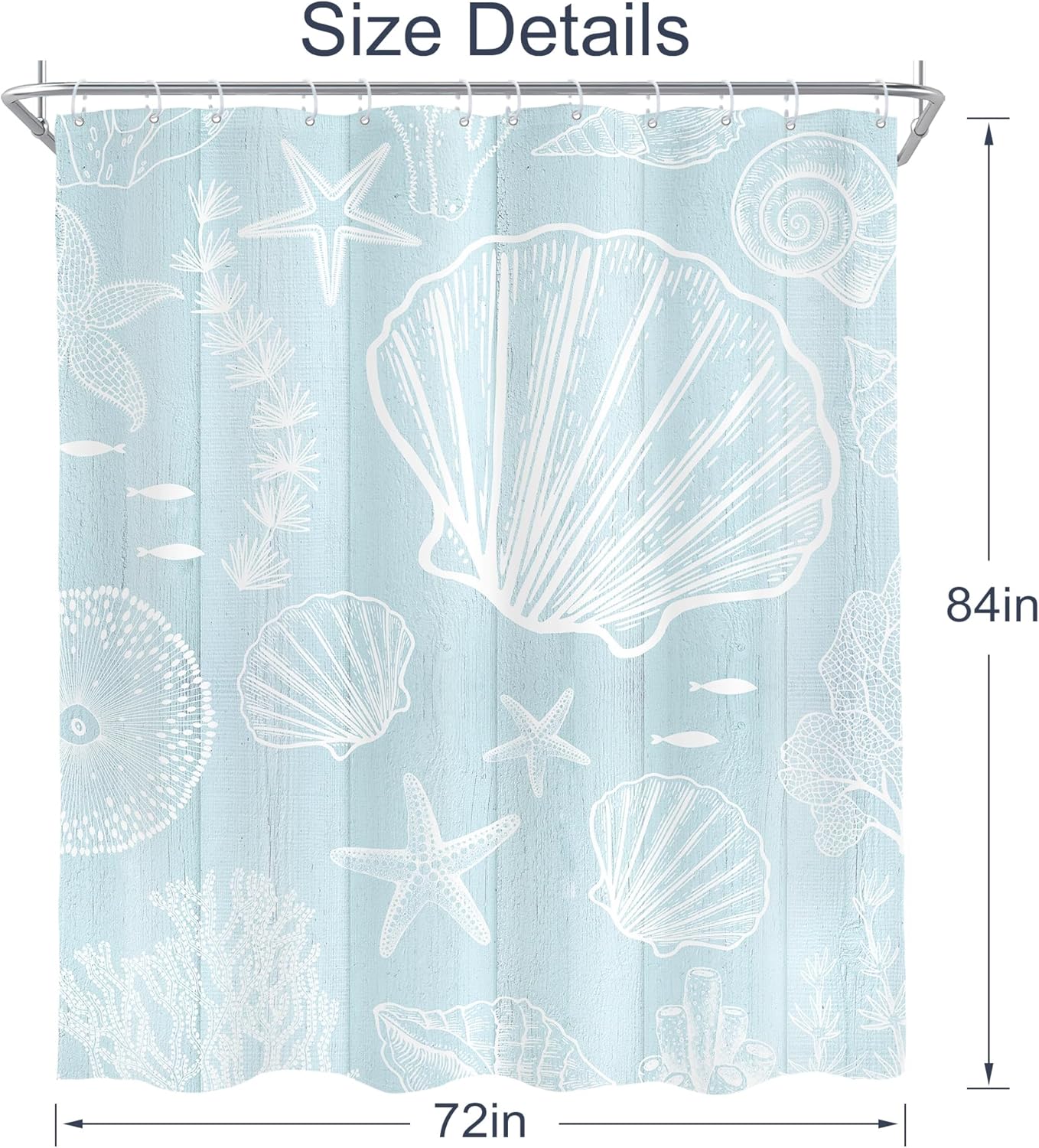 AMBZEK Beachy Seashell Shower Curtain 72Wx84L Inch Extra Long Nautical Beach Wooden Plank Ocean Starfish Coastal Rustic Artwork Cloth Fabric Waterproof Polyester Bathroom Decor Set with 12 Pack Hook