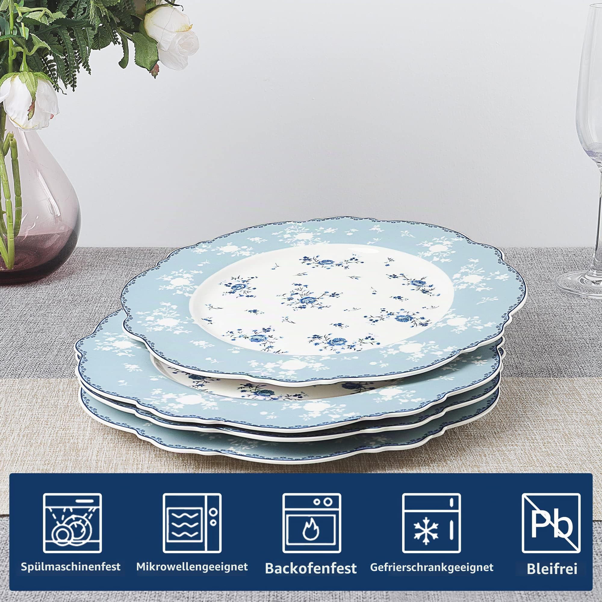 fanquare 4 Stück Blau und Weiß Porzellan Speiseteller Set Ø 275 mm Frühling Blumen Geschirrset, Vintage Keramik Tafelservice