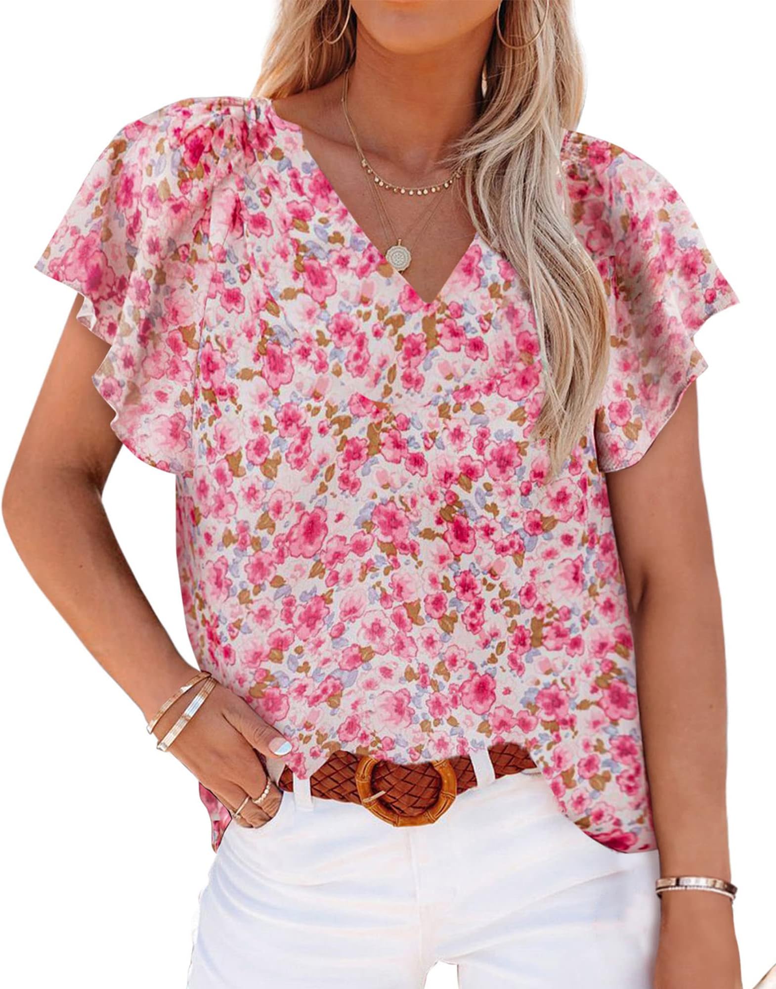 BTFBMWomen Casual Boho Blouse Fashion Floral Shirts V Neck Long Puff Sleeve Lightweight Chiffon Spring Summer Tops 2024
