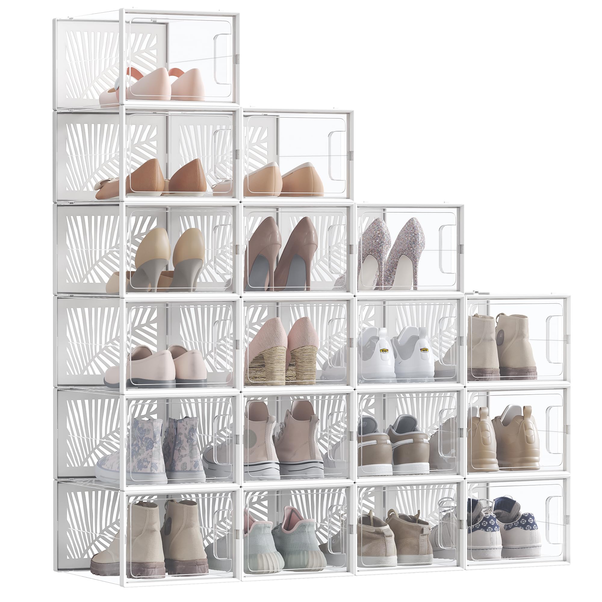 SONGMICS Cajas para Zapatos Transparentes, 18 Cajas de Zapatos, Robusta, Organizadores Plegables, Talla 46, Apilables, para Exponer Zapatillas, Tacones Altos, Transparente y Blanco LSP108W01