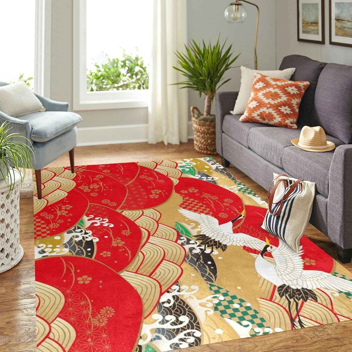 Japanese Stylish Crane Bird Area Rug Rugs for Living Room
