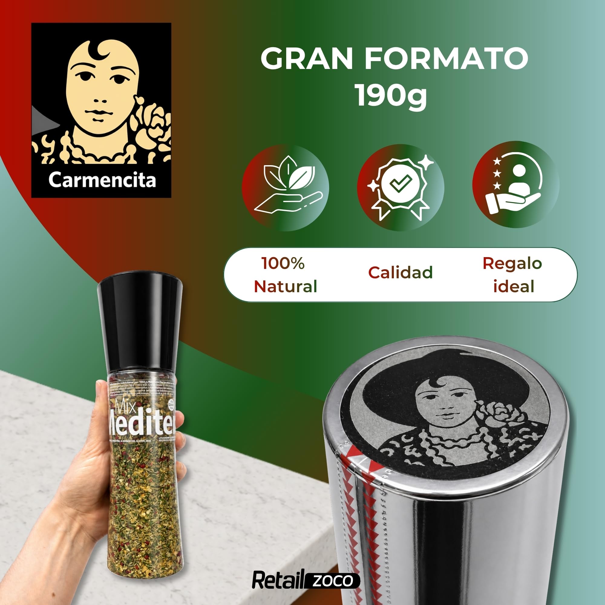 Sal Marina Mediterránea Mix Carmencita, Formato molinillo gigante, Ideal para Panes y crackers, Verduras, carnes y pescados, Ensaladas, Pasta, Marinados, Sin Gluten, Contiene 2 unidades de 190 g