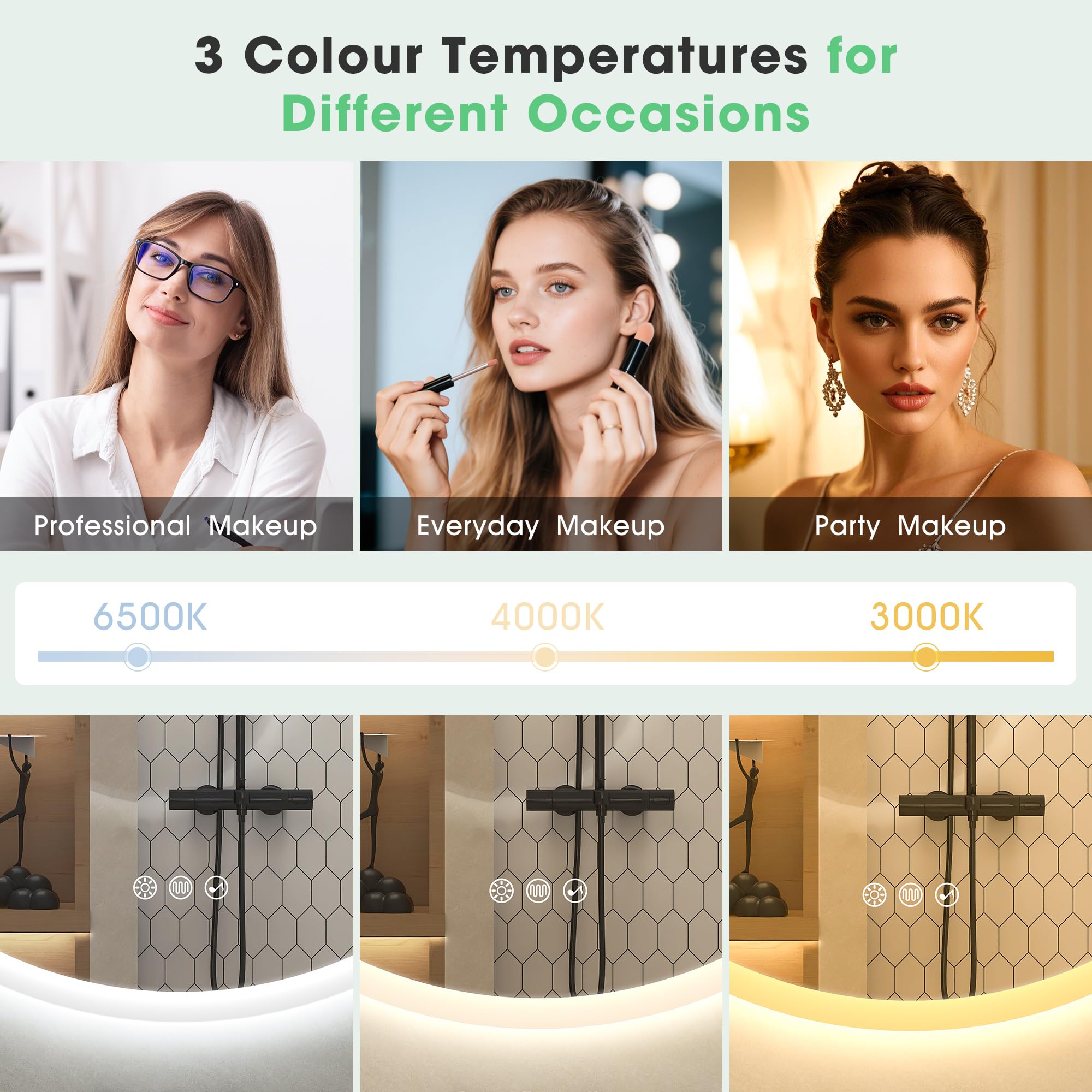 S'bagno Okrągłe lustro łazienkowe z oświetleniem-100 cm, lustro łazienkowe z oświetleniem i Bluetooth, odparowanie, 3000 K/4000 K/6500 K, możliwość ściemniania, szkło hartowane HD, funkcja pamięci