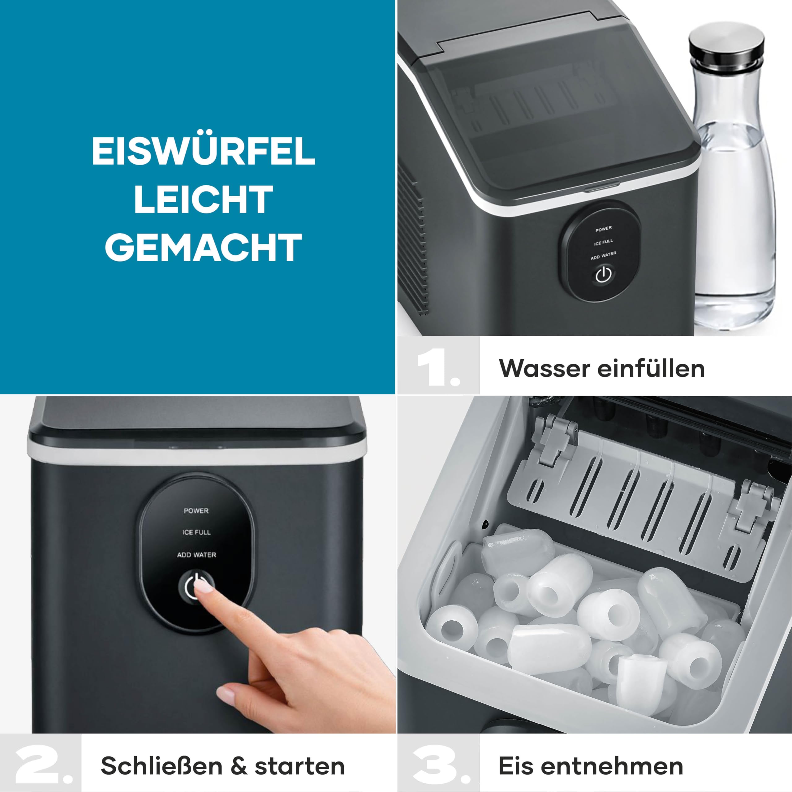 Severin Eiswürfelmaschine, Eiswürfelbereiter, 8 Eiswürfel in nur 8 Min, Kapazität 1,2 L, einfache Bedienung und Reinigung, automatische Abschaltung, kompaktes Design, 120 W, schwarz, EZ 7415