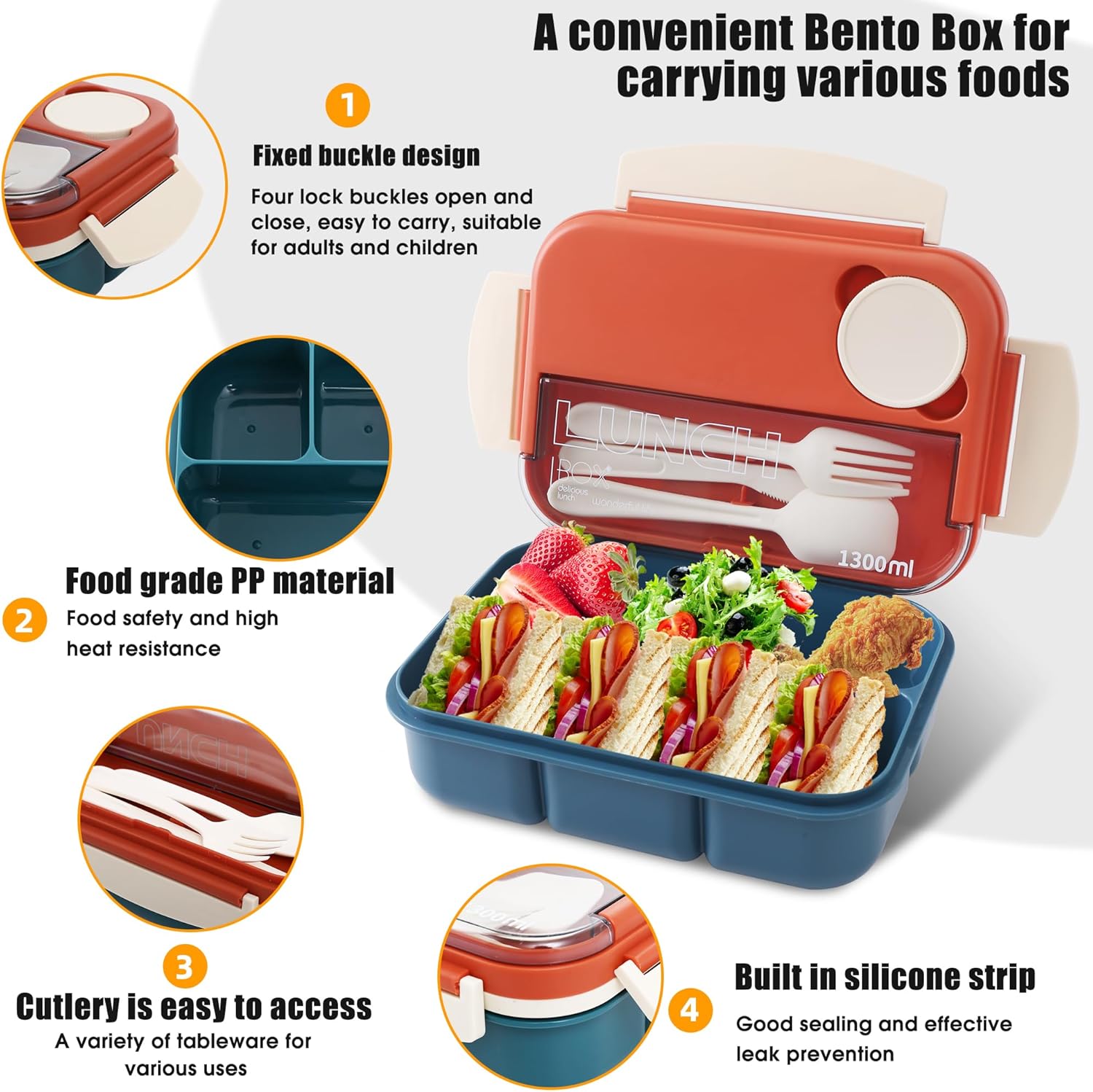 Bento box adult work lunch box, adult container, with 4 compartments, lunch container with cutlery ( knife, fork, spoon, sauce box), animal fruit fork, microwave and dishwasher safe, Orange Blue - Image 5