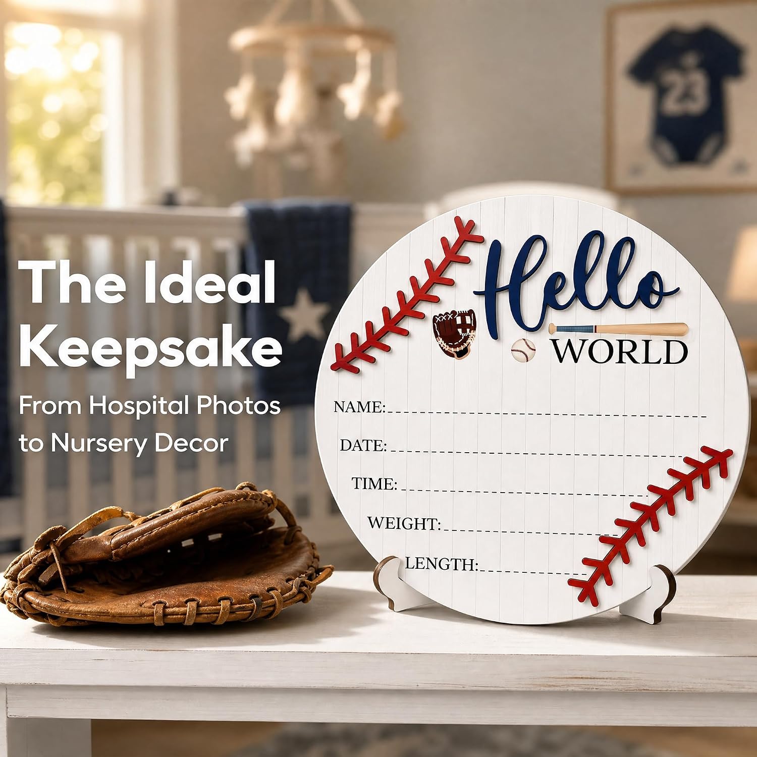 3D Baseball Hello World Newborn Sign for Hospital, Baseball Baby Announcement Sign for New Baby Boy Girl, Welcome Babies Birth Wooden Signs for Nursery, Neutral Newborn Photography Props-A02