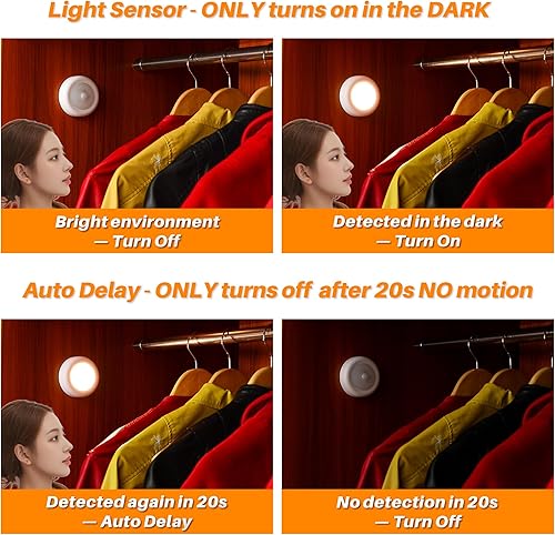 Miniatura 4 de STAR-SPANGLED Paquete de 3 luces con sensor de movimiento de 3.1 pulgadas para interiores, funciona con pilas AA, luz LED de disco para armario,