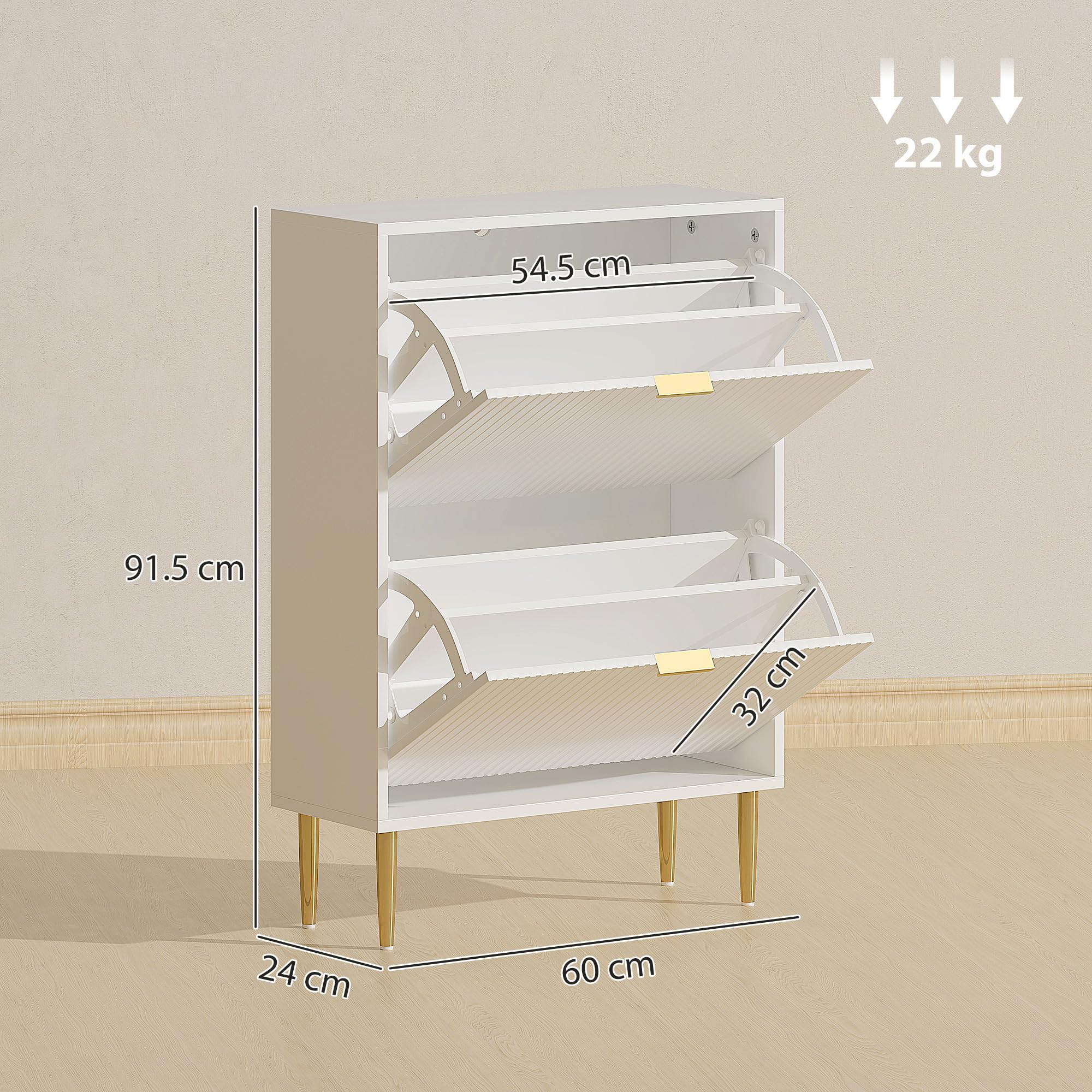 HOMCOM Scarpiera Salvaspazio Slim con 2 Ante Scanalate a Ribalta, Scarpiera Ingresso Moderna in Legno con Ripiani Regolabili su 2 Livelli, Porta Scarpe per 12 Paia con Maniglia, 60x24x91.5 cm, Bianco