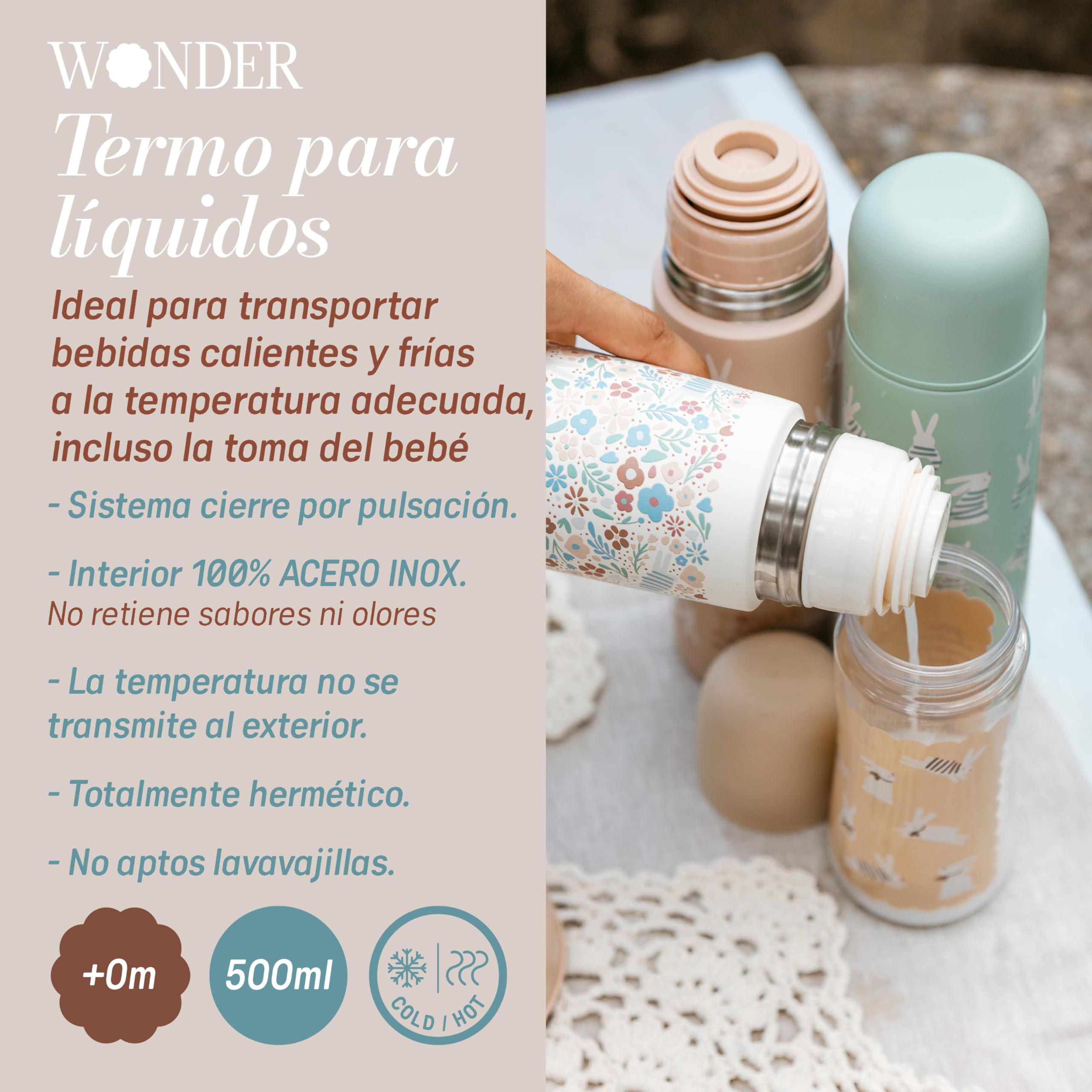 Suavinex, Thermos liquide pour nouveau-né, en acier inoxydable, fermeture hermétique à pression. Boissons chaudes et froides, pour eau chaude. Idéal pour préparer biberon. 500 ml