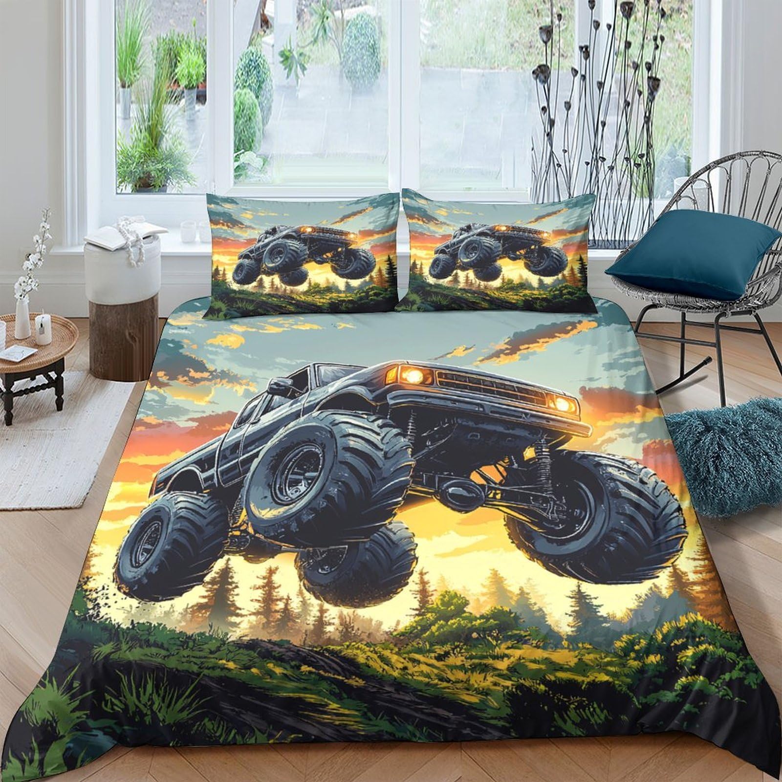GPLZQXKJNH 3D Printed Monster Truck Duvet Cover Microfiber Bedding Set with 2 Pillowcases Off Road Vehicle Quilt Cover for Bedroom Decor Single（135x200cm）