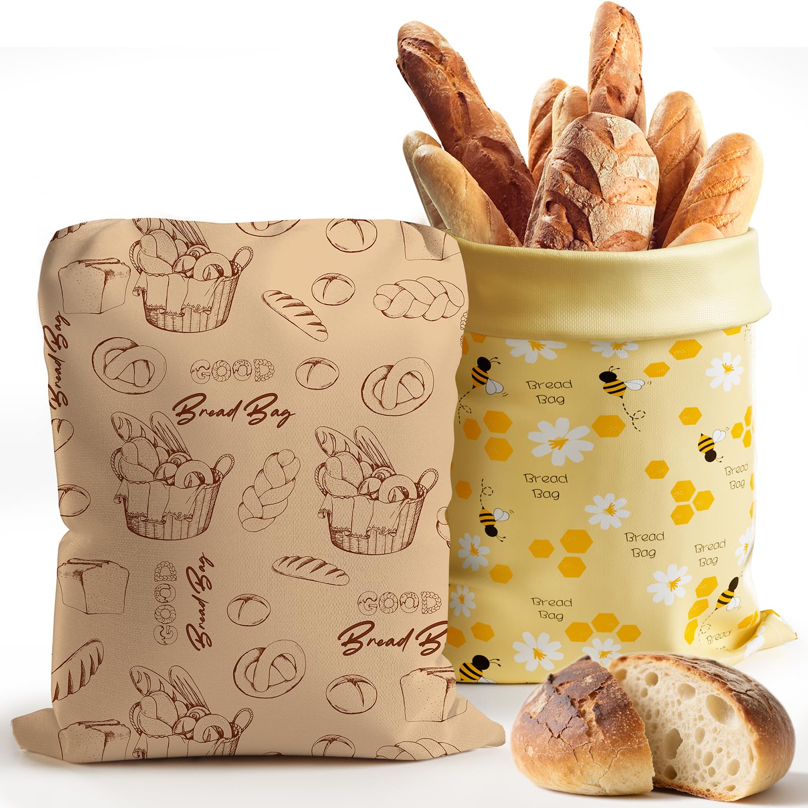 Aofmee Wiederverwendbare Bienenwachs Brotbeutel 43×33 cm, natürliche Bienenwachs-beschichtete Baumwoll-Brotbeutel zur Brotaufbewahrung & Frischhalten von Sauerteig und selbstgebackenem Brot, 2er Set