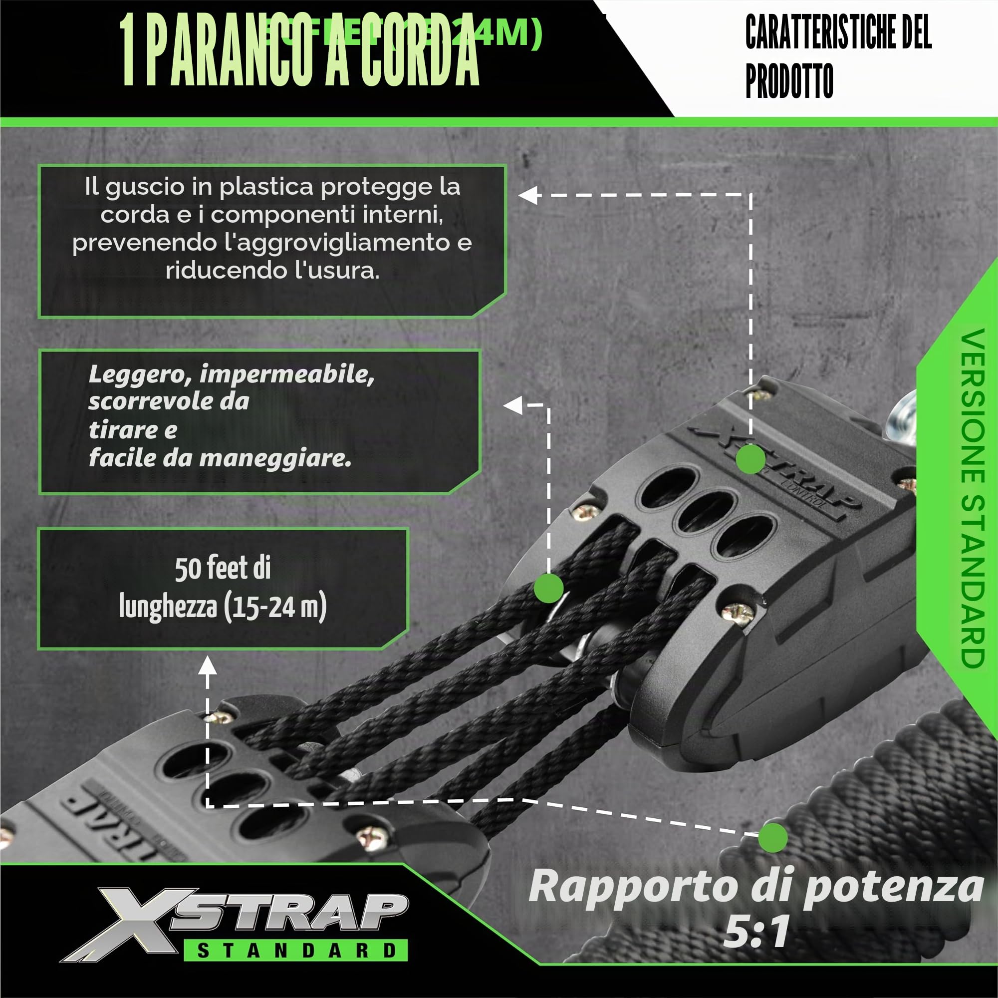 XSTRAP - Paranco a corda da 15,2 m, con sistema di puleggia per sollevare oggetti pesanti, resistenza alla rottura di 907,2 kg, con 2 anelli morbidi (nero)