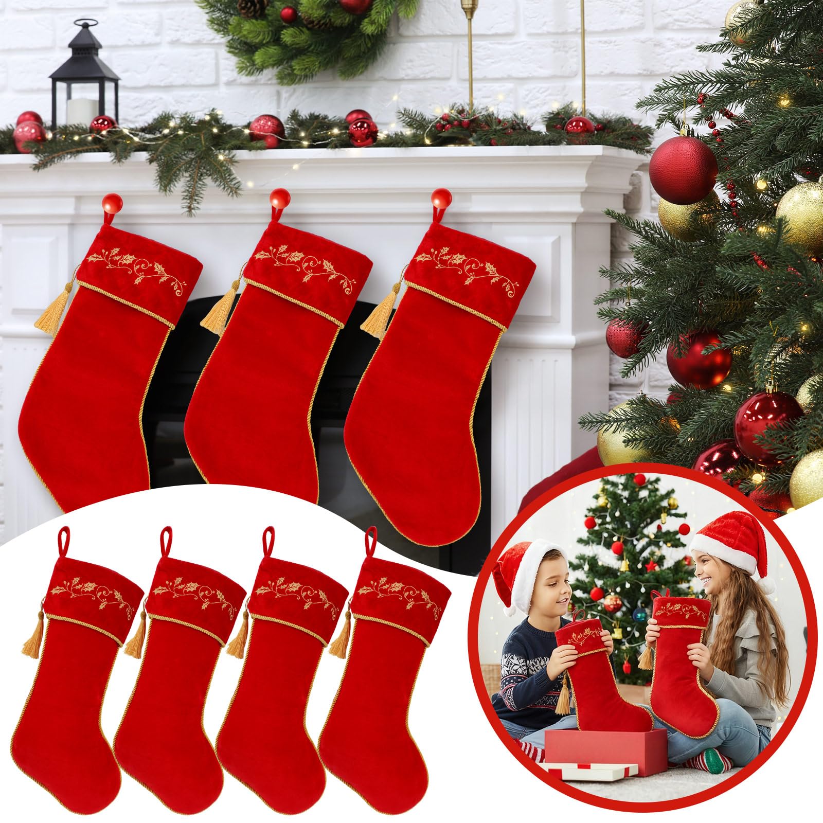 Kinlop 4 Stück 45,7 cm große rote Weihnachtsstrümpfe, Stechpalme, bestickt, Samt, Weihnachtsstrumpf, hängende dekorative Strumpf für Weihnachten, Familie, Kamin, Urlaub, Party-Dekorationen