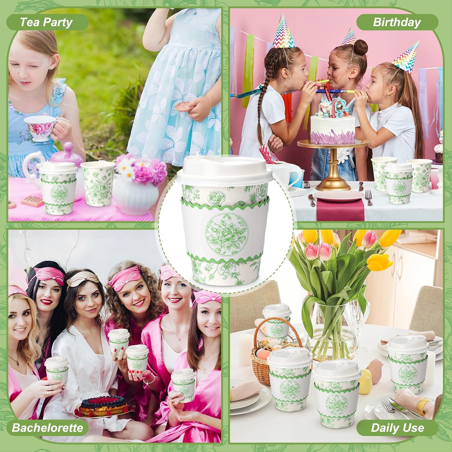Jingmore 100 Sets Floral Paper Coffee Cups with Lids and Sleeves 8oz Vintage Flower Disposable Drinking Cups Bulk for Birthday Wedding Bridal Shower Tea Party Supplies (Green)