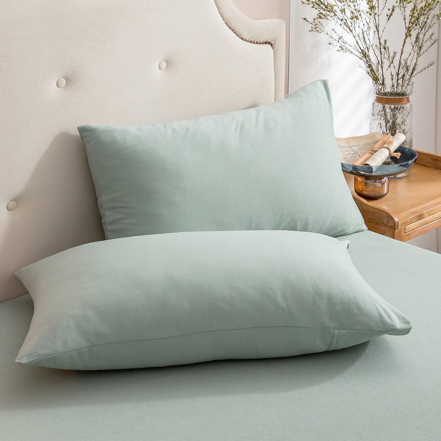 PURE ERA Jersey Knit Pillowcases 100% T-Shirt Cotton Super Soft Comfy Breathable, Set of 2, Queen 20" x 30", Grey & White Stripe