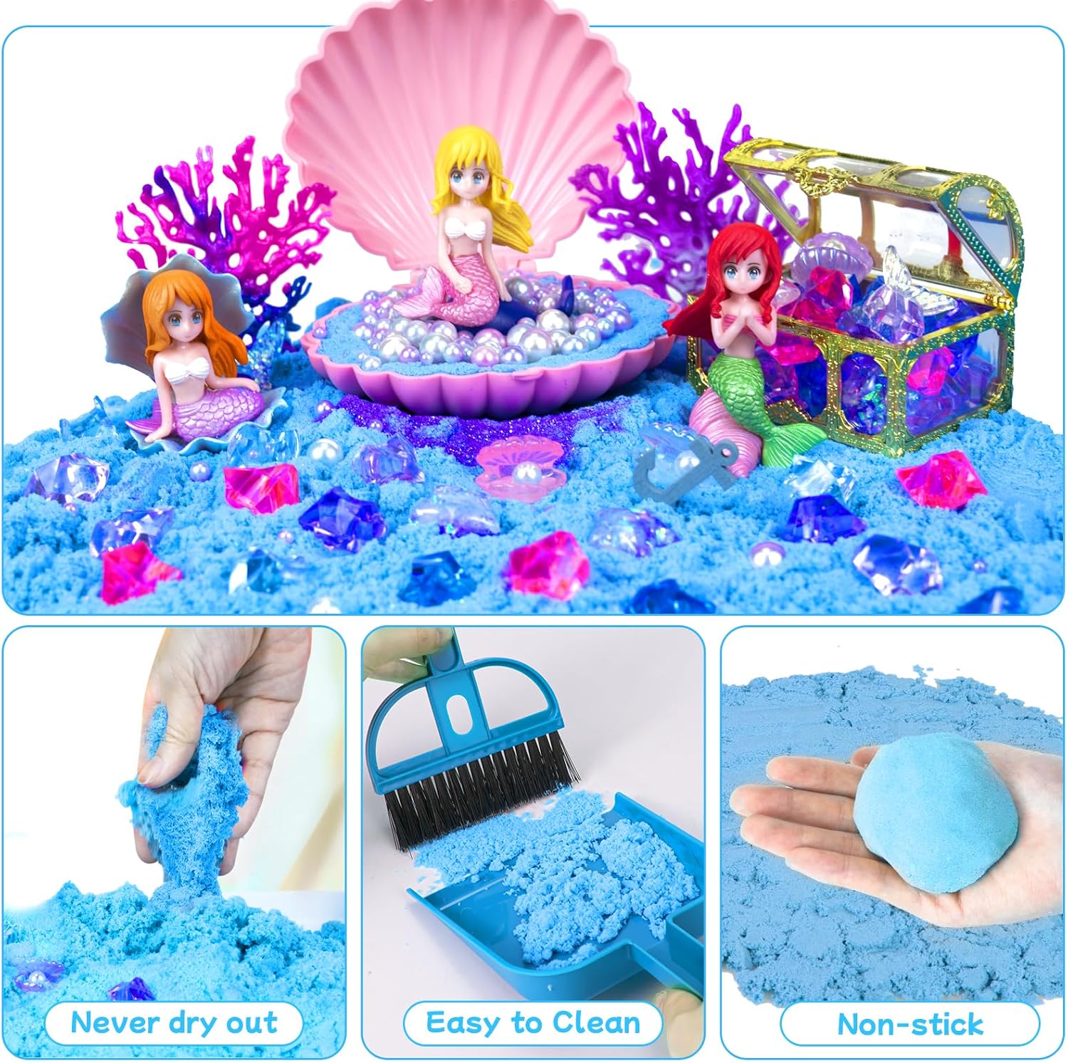 Hymaz Mermaid Sensory Bin, Play Sand Art Kit with 2.2lbs Sensory Sand, Sea Pearl Shell and Treasure Accessories, Ocean Sandbox Beach Pretend Play Toy Christmas Birthday Gift for Girls Kids Ages 3-8