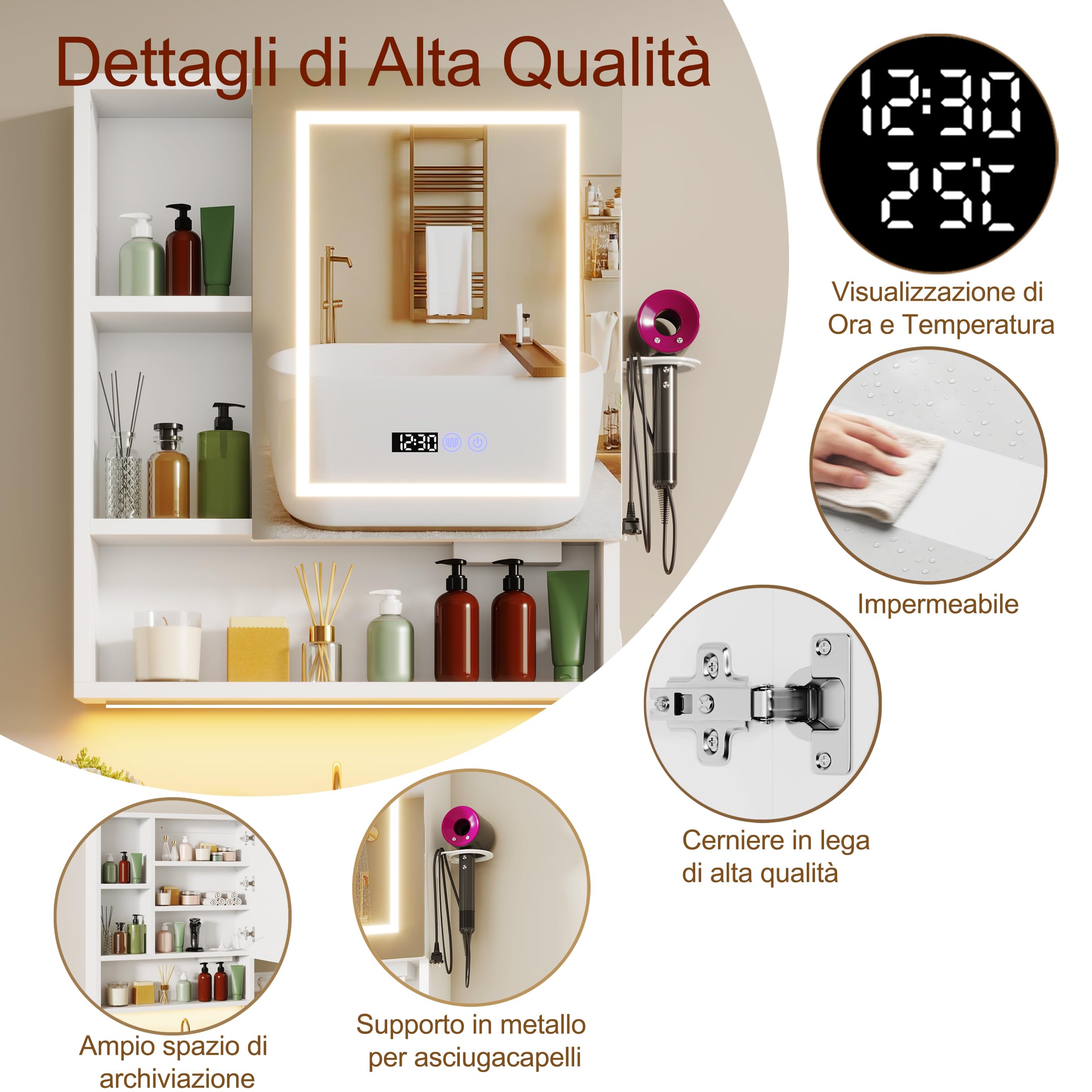 Specchio Bagno Contenitore con 3 Colori Luce e 2 AC/3 USB, Armadio Specchio Bagno con Deumidificazione con 1 Tocco e Funzione di Memoria & con Mensola Regolabile(70x80x16 cm,Bianco)