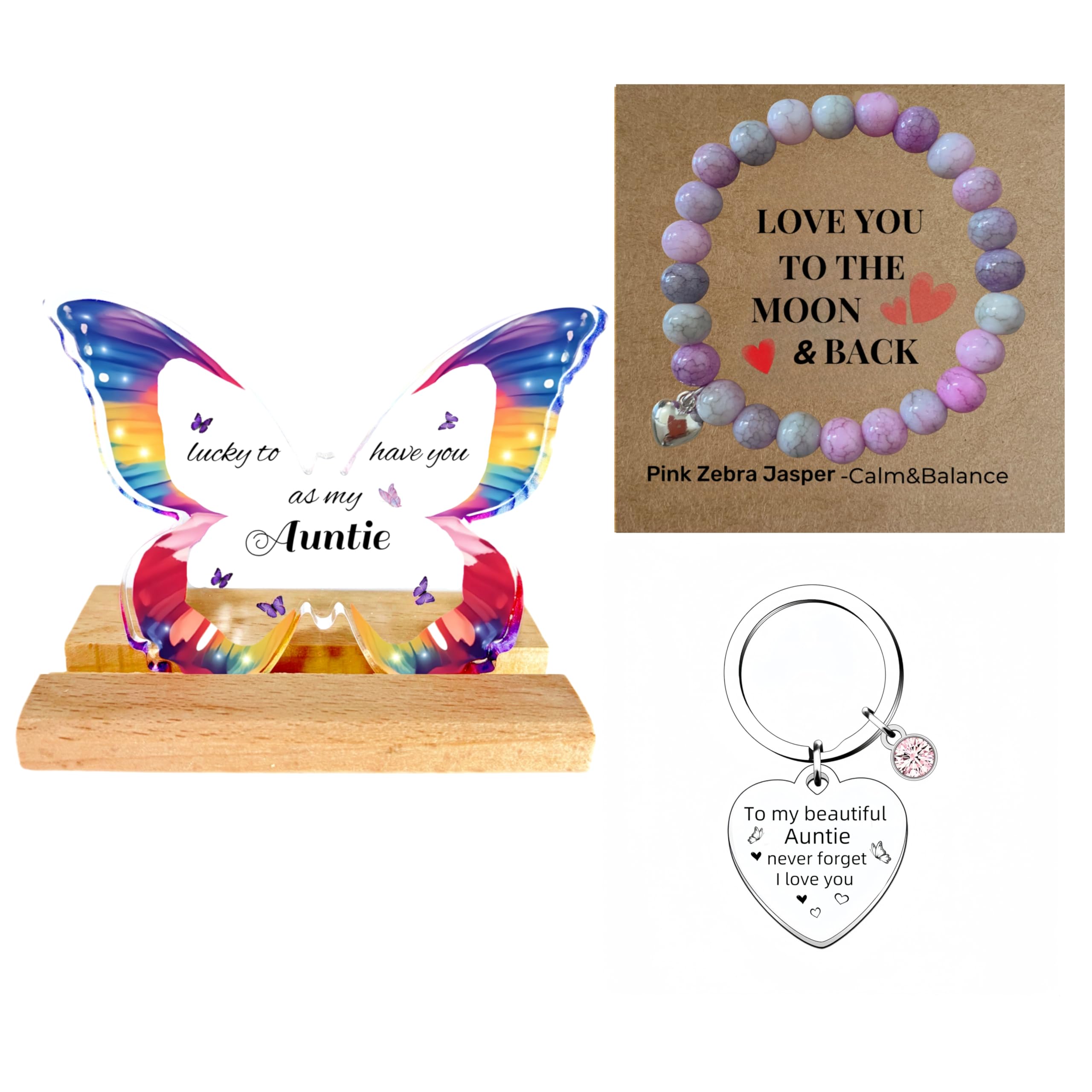 Heartfelt Auntie Gifts Set Christmas - Auntie Birthday Gifts, Mothers Day Gifts - Acrylic Butterfly Display and Pink Zebra Jasper Multicolour