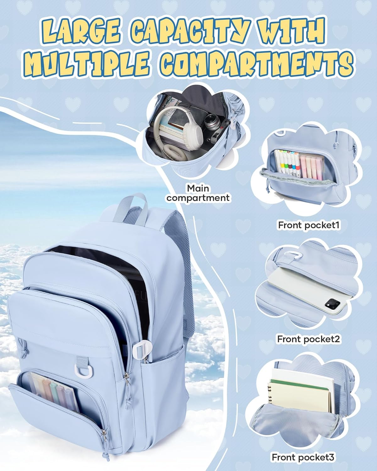 Lightweight Backpack for College & High School Backpack With Lots of Pockets Cute School Bag for Girls Boys, Large Capacity Bookbag for Women Men, Waterproof Teens Casual Daypack Backpack(Blue) - Image 3