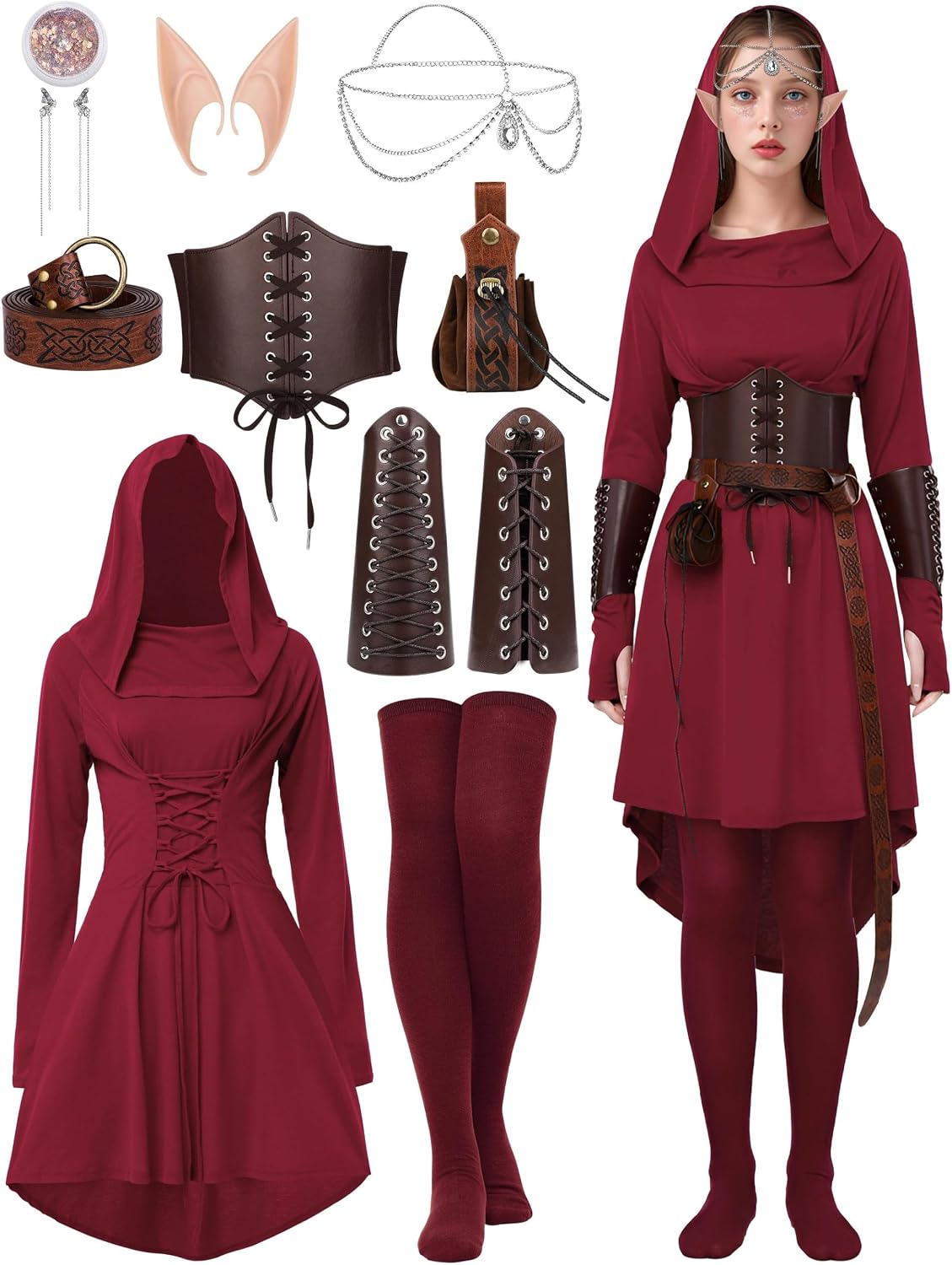 10 Pcs Women Renaissance Halloween Fairy Costume Medieval Hooded Elf Dress