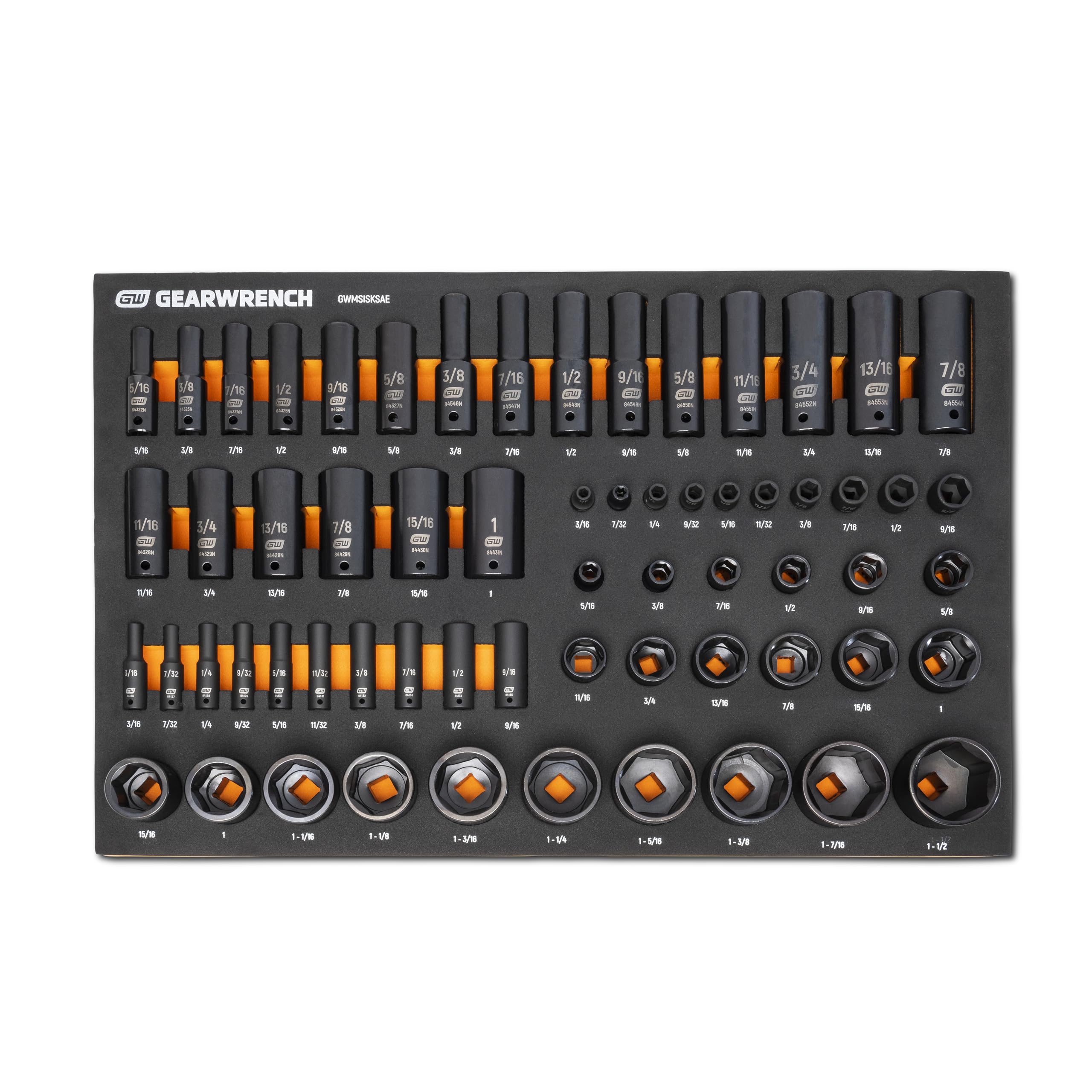 GEARWRENCH 63 Piece 1/4”, 3/8”, 1/2” Drive 6 Point SAE Impact Socket Set in Foam Storage Tray - GWMSISKSAE