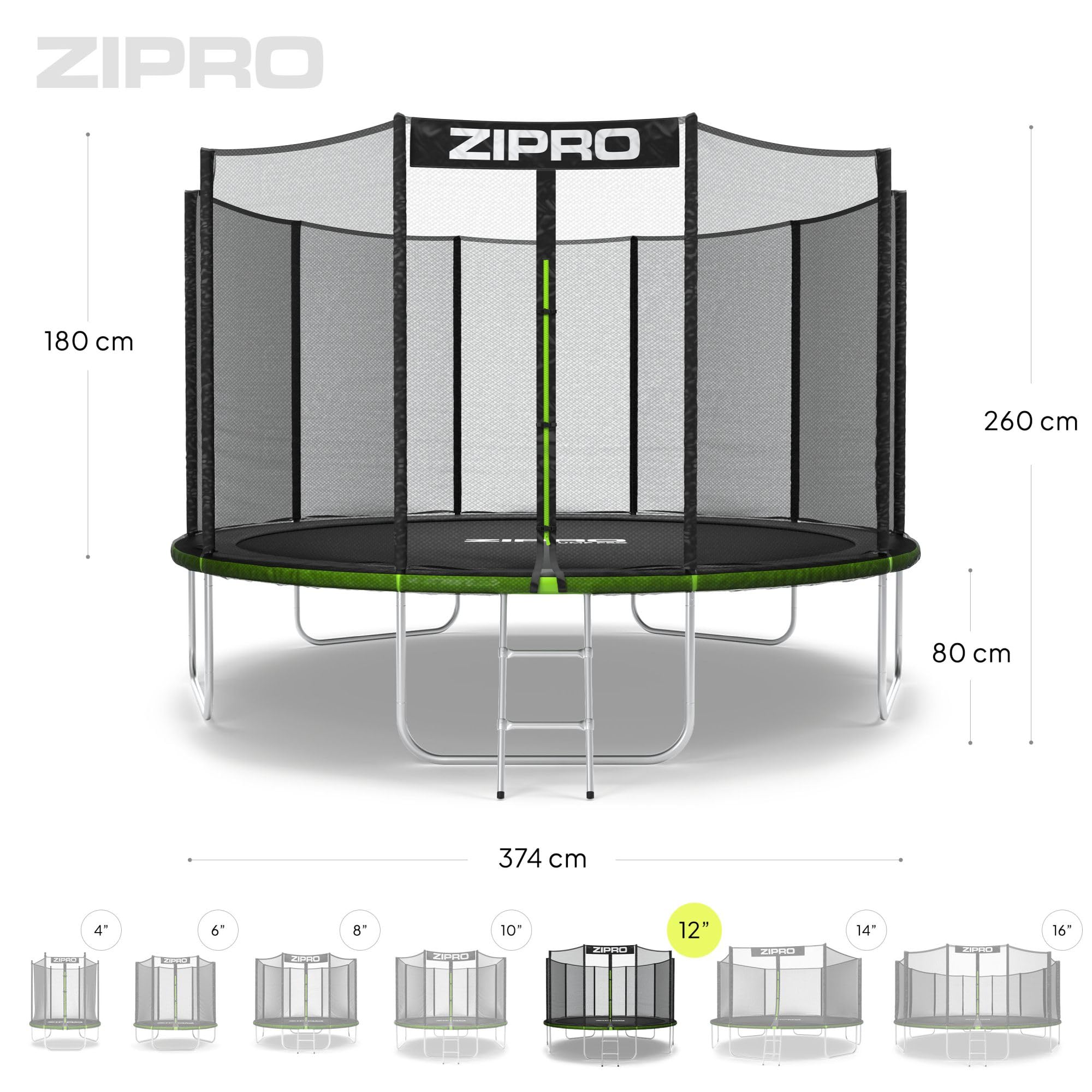 ZIPRO JumpPro out Trampolín Exterior, Cama Elástica para Niños, con Red Externa, Resistente, Protección UV, Montaje Fácil, Soporta 100-150 kg, Ø 183/252/312/374/435/496 cm