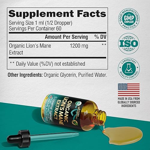 Miniatura 7 de Lions Mane Liquid  Suplemento orgánico de melena de león certificado por USDA  Apoyo cerebral, energía, memoria y enfoque  Extracto de hongo melena