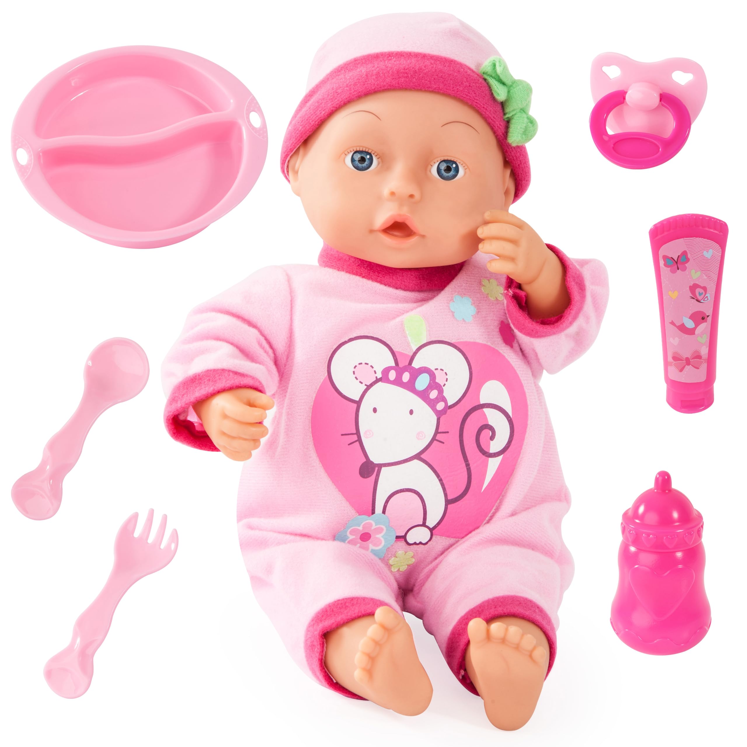 Bayer Design 93363AN Baby Doll 33 cm, 24 baby sounds, with dummy, bottle and other accessories