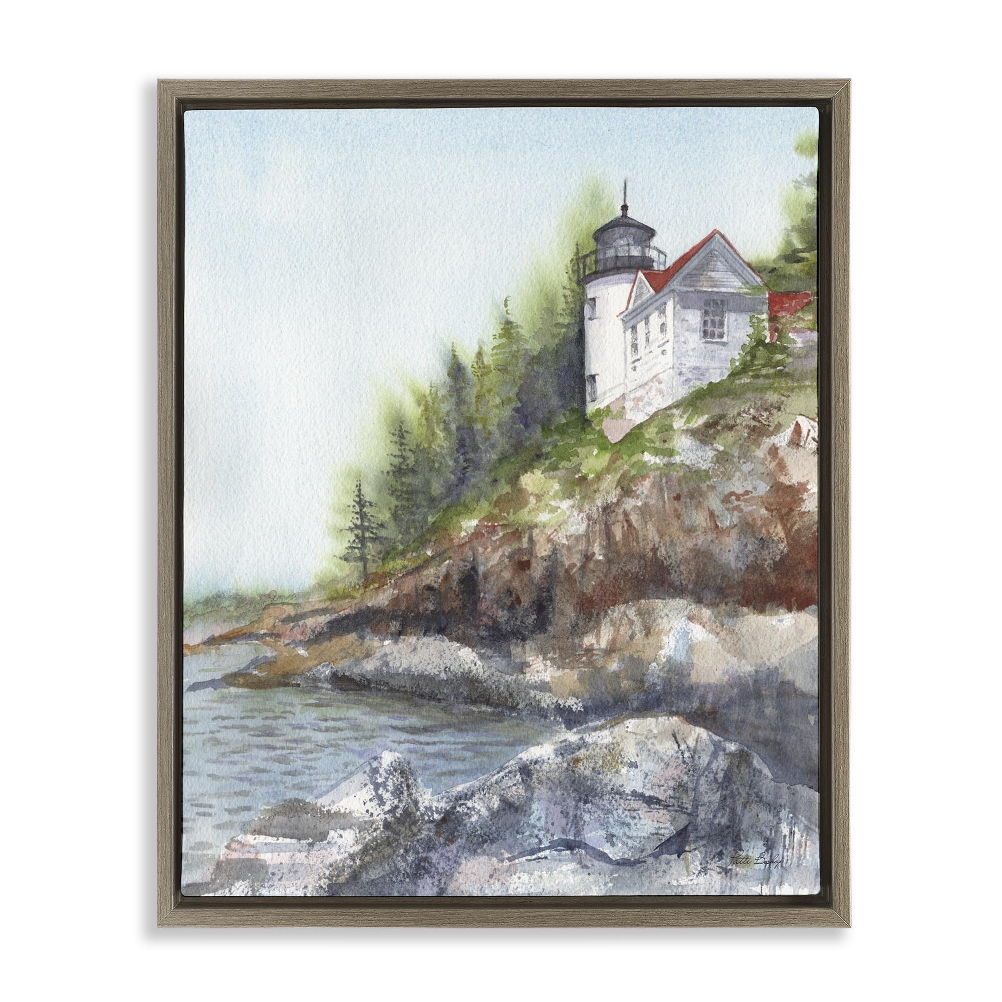 Stupell Industries Montalcino Elm (Textured) 'Bass Harbor Lighthouse', Floating Frame Canvas Art, Brown, 25 X 31 Inches, Easy To Hang And Sturdy, Made In Usa, By Patti Bishop