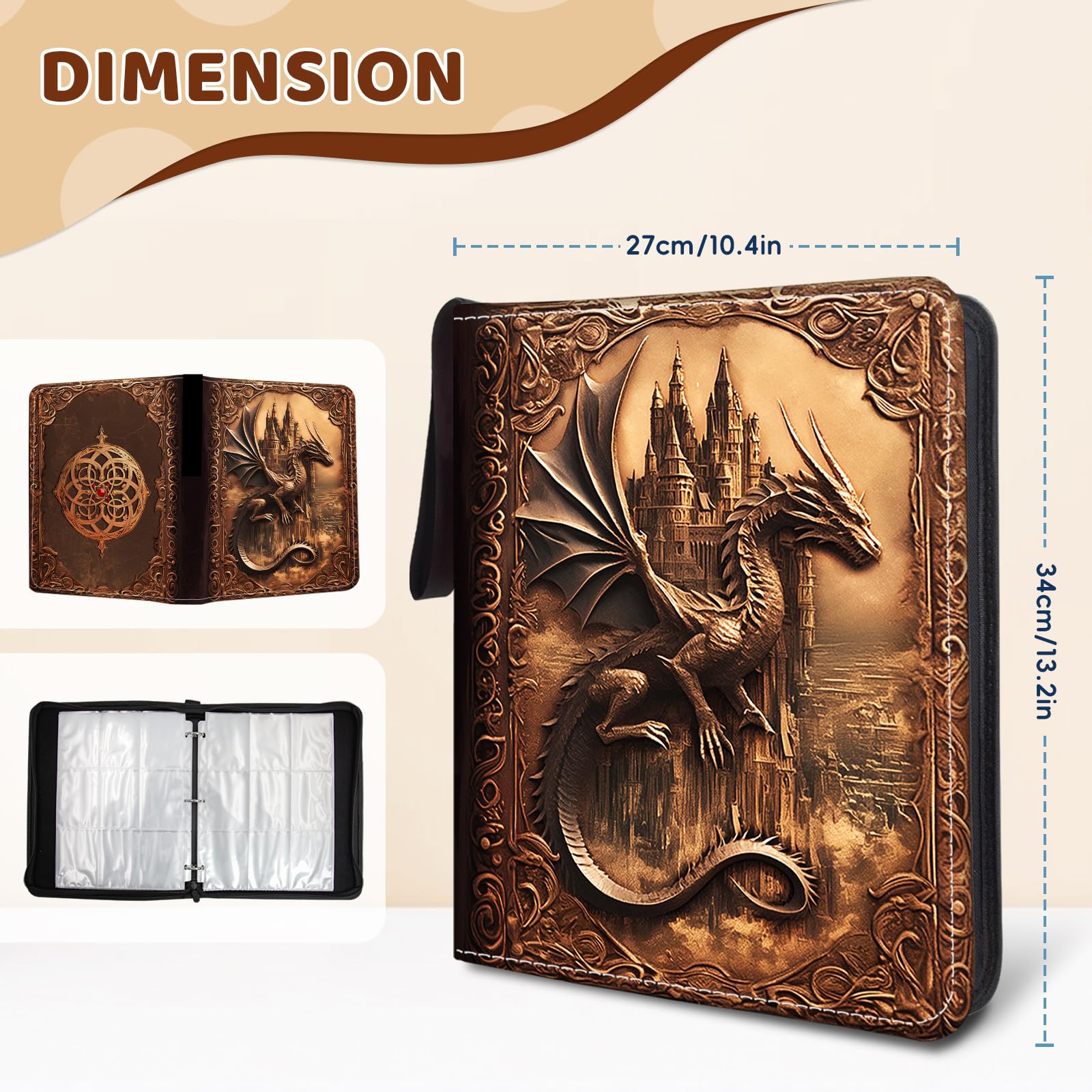 Wazzio Album per carte collezionabili da 900 tasche, raccoglitore per carte con 50 pagine resistenti a 9 tasche, regali di compleanno per la festa del papà, design retrò con drago su confezioni di