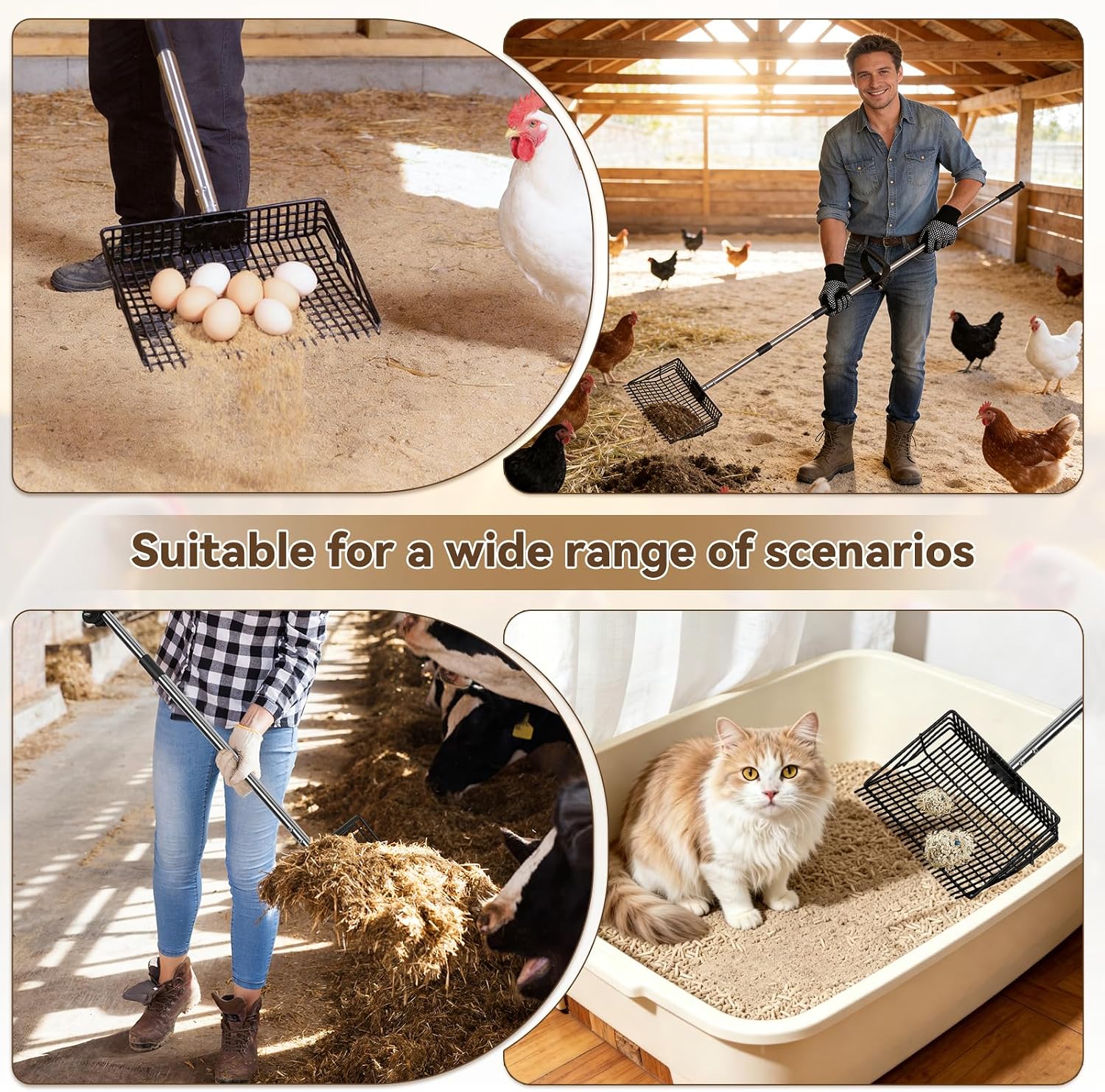 Chicken Poop Scooper, 3 in 1 Poop Scooper & Coop Rake & Sand Sifting Shovel for Chicken Coop, 10" Wide, Adjustable Handle 37.4-68.9", Chicken Coop Manure Cleaning Tools with 2 Rakes & Gloves for Farms