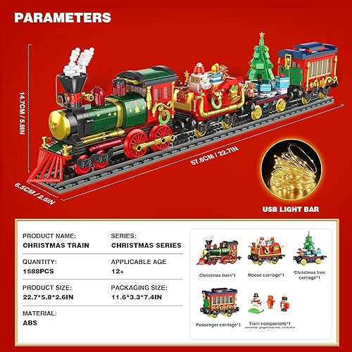 Miniatura 5 de Bloques de construcción de tren navideño para niños, tren de Navidad 2024, bloque de construcción coleccionable para decoración del hogar con luz,