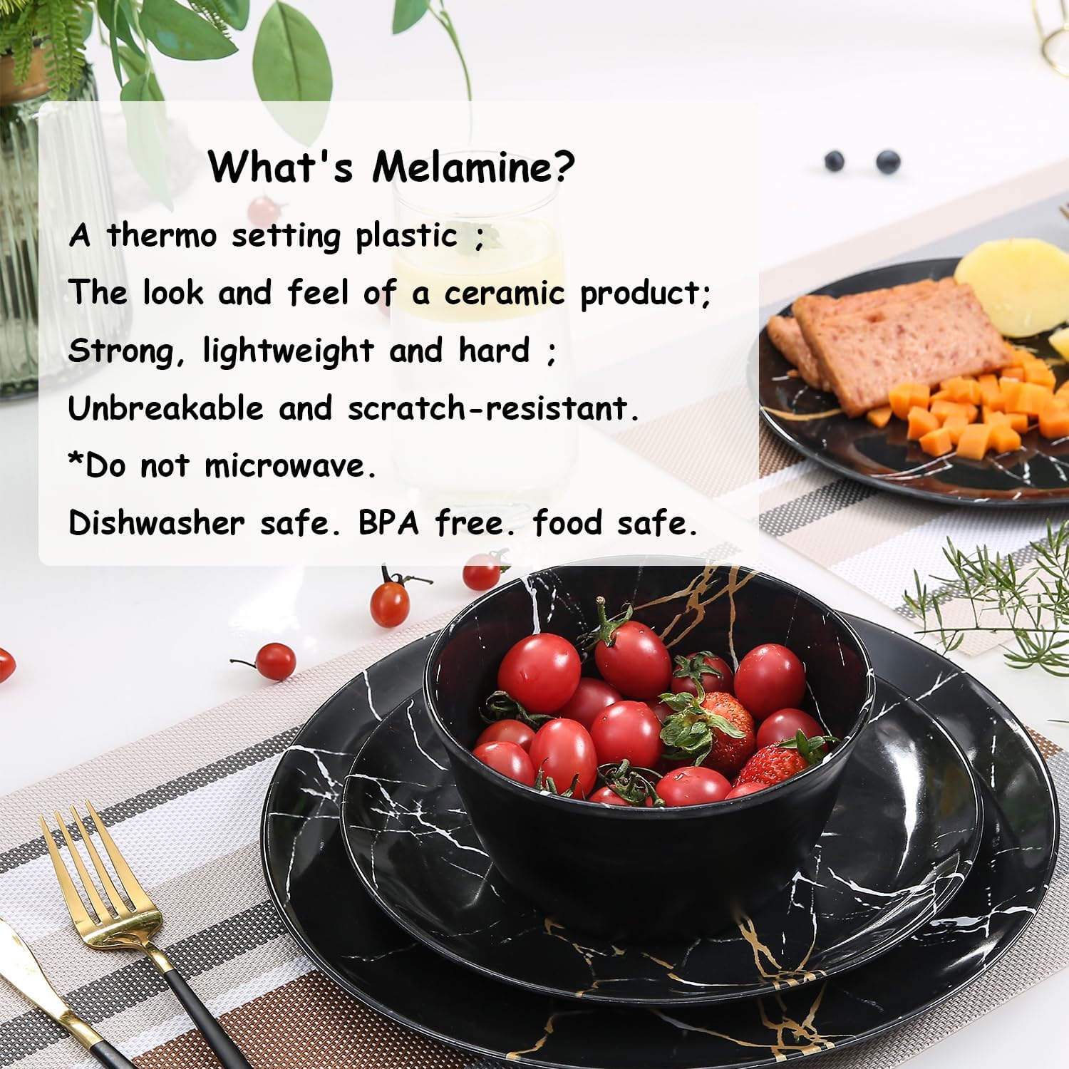 Melamine Dinnerware Set - 12pcs Plates and Bowls Sets Best for Indoor and Outdoor Party, BPA-Free Dishwasher Safe Kitchen Dinner Set with Black Marble Pattern - Image 3