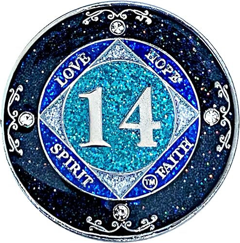 NA 14 años de cristal y medallón de purpurina, moneda chapada en color plateado, arco iris negro, purpurina azul y cuatro cristales transparentes,