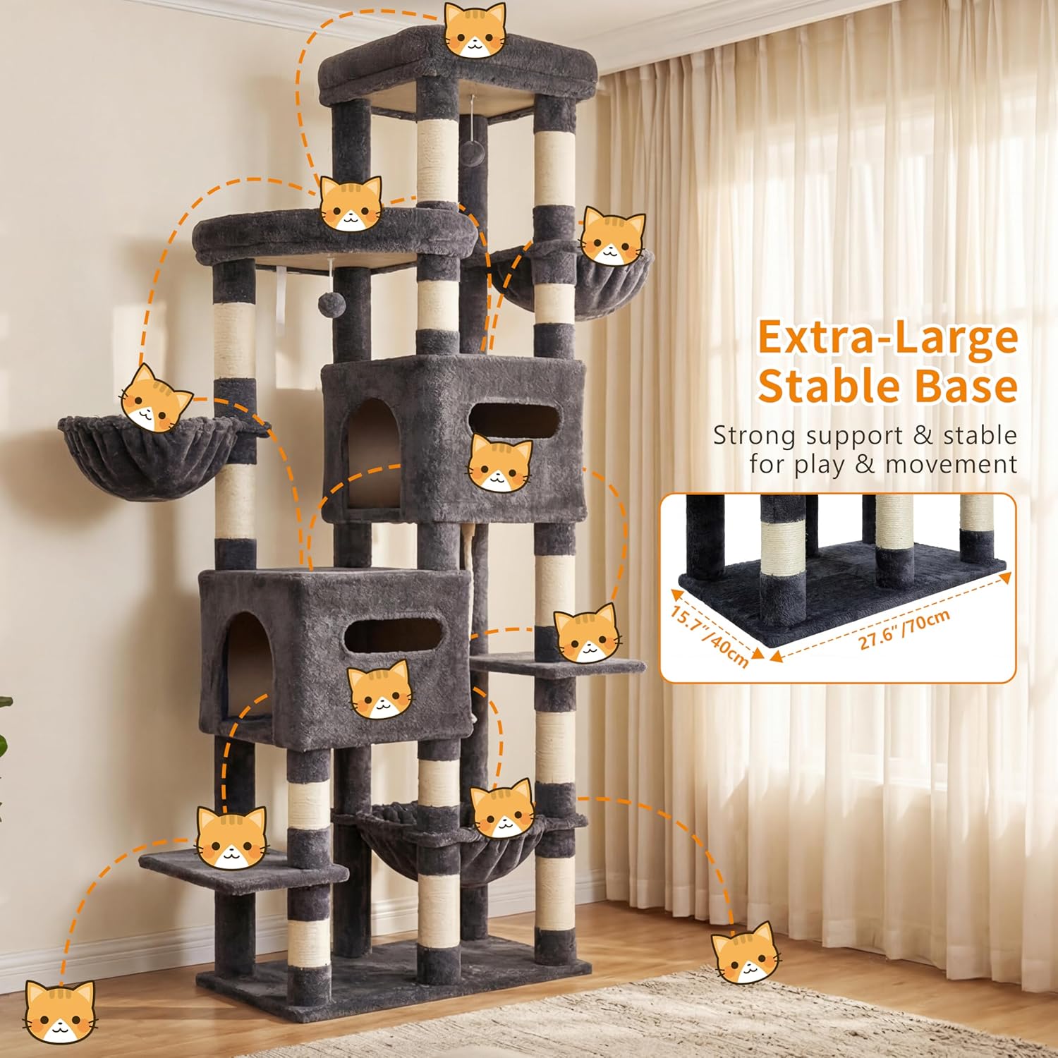 Heybly Cat Tree, 74.8-Inch Spacious & Tall Cat Tower for Large Cats, Cat Furniture with Large Top Perch, Solid Base, 2 Cat Condos, Hanging Hammock, Durable Sisal Scratching Posts, Smoky Gray HCT062G
