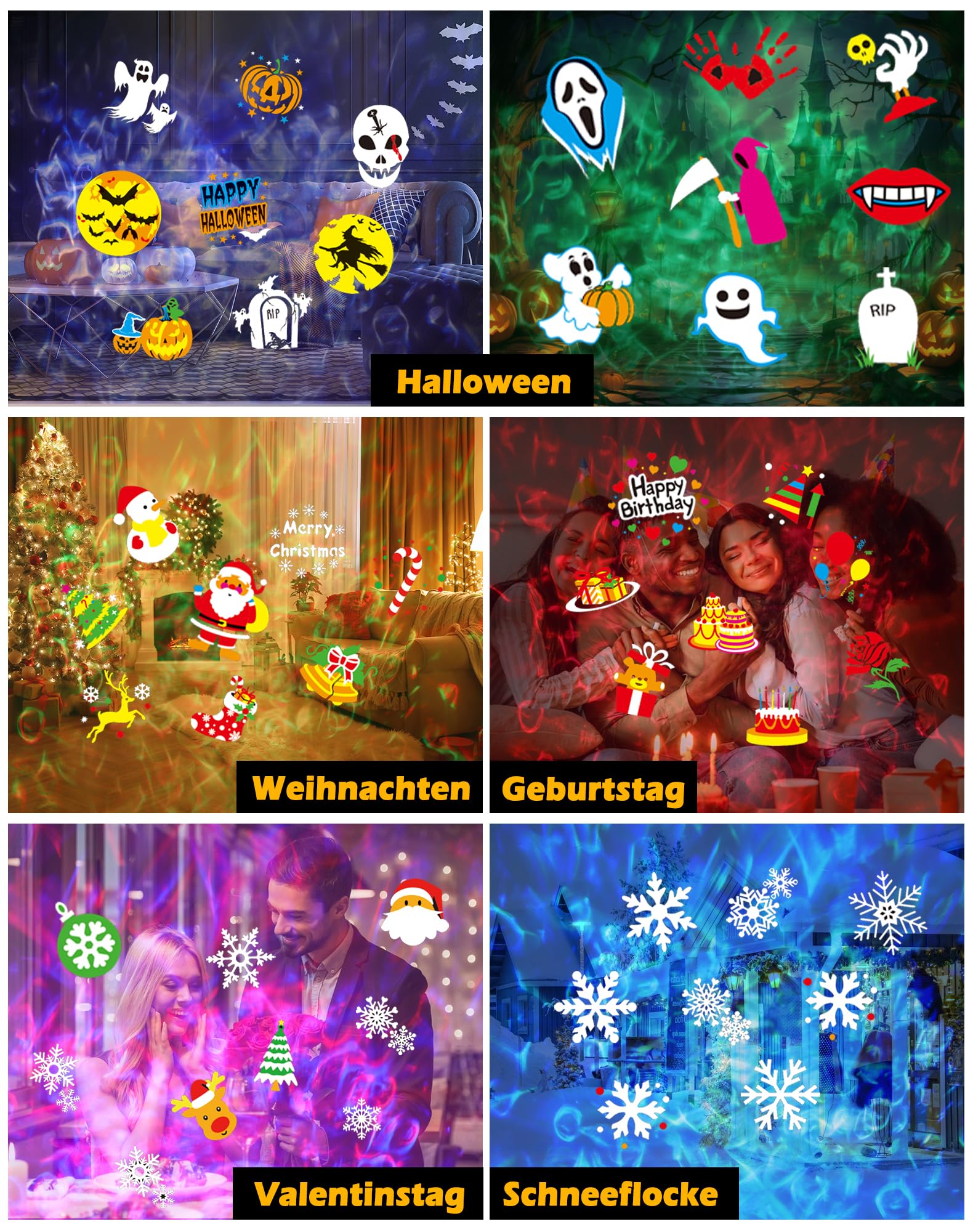 Projektor Weihnachten, LED Projektor Weihnachten Aussen Halloween Schneeflocken Projektionslampe Wasserwellen-Welleneffekt 12 Muster mit Fernbedienung für Weihnachte Halloween Party Deko
