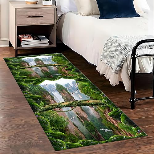 Miniatura 2 de Alfombra de ilusión óptica, 2 x 10 pies, alfombra de pasillo verde 3D con impresiones como acantilados grúas voladoras y plantas verdes, emocionante
