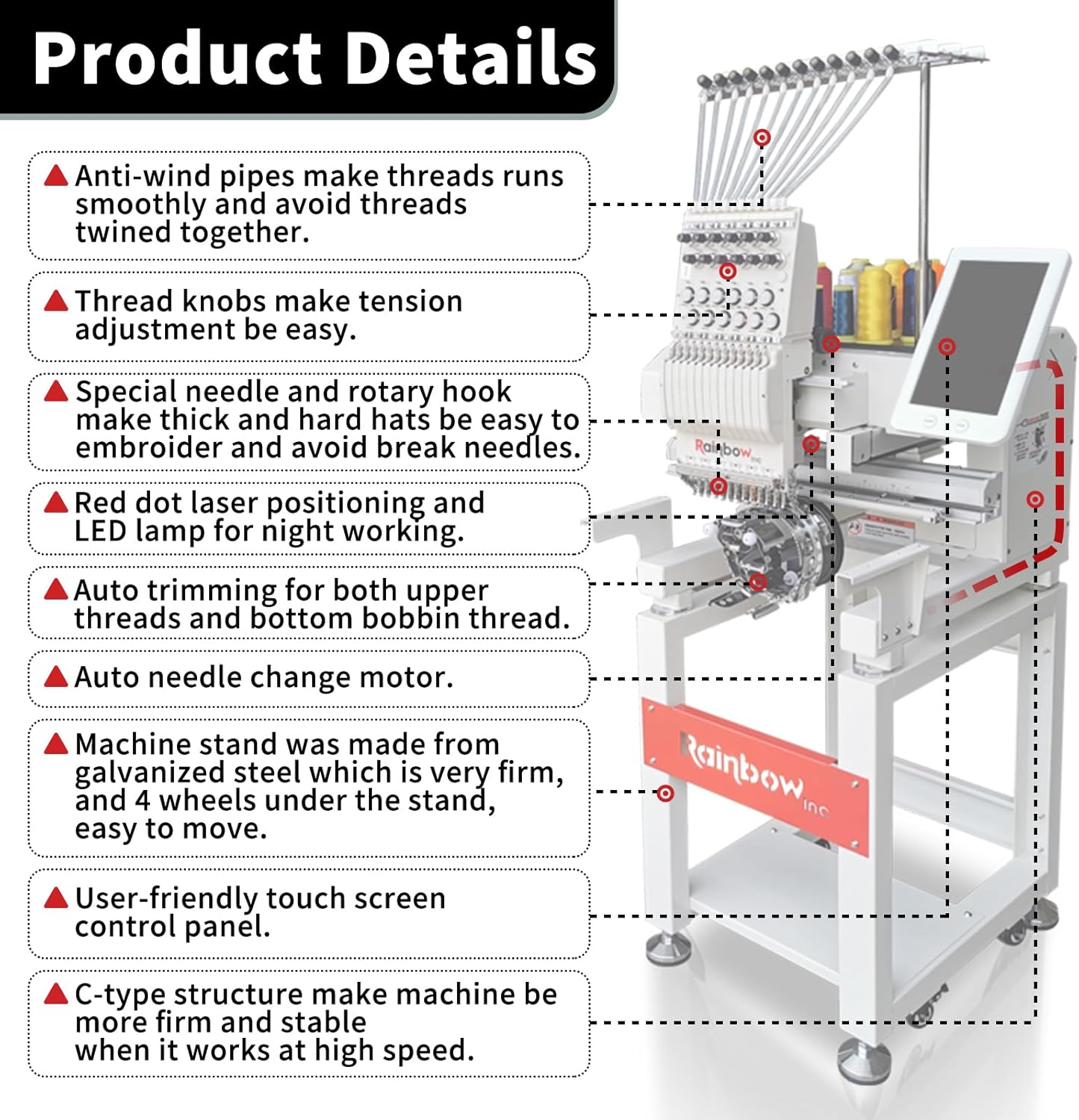Computerized Embroidery Machine, Model RBE2235-A12 Commercial 22*35cm (8.66*13.78 inches) Working Area 12 Needles Embroidery Machine, Available For Hats T-shirts Hoodies Embroidery etc.